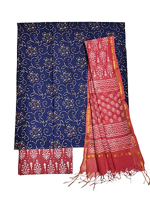 Indigo & Red Unstitched Hand block Print Cotton Salwar Suit Set with Kota Doria Dupatta Indigo & Red Unstitched Hand block Print Cotton Salwar Suit Set with Kota Doria Dupatta
