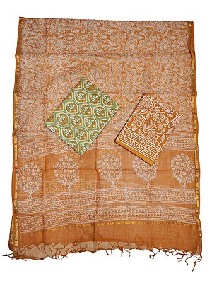Mustard & Green Unstitched Hand block Print Cotton Salwar Suit Set with Kota Doria Dupatta for Women