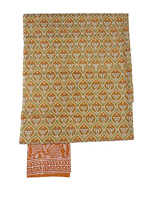 Mustard & Green Unstitched Hand block Print Cotton Salwar Suit Set with Kota Doria Dupatta for Women
