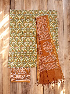 Mustard & Green Unstitched Hand block Print Cotton Salwar Suit Set with Kota Doria Dupatta for Women