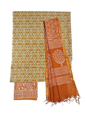 Mustard & Green Unstitched Hand block Print Cotton Salwar Suit Set with Kota Doria Dupatta for Women