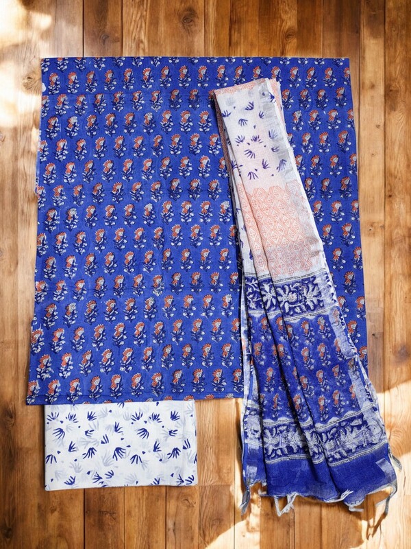 Indigo Hand block Print Cotton Unstitched Salwar Suit Set with Linen Dupatta for Women Indigo Hand block Print Cotton Unstitched Salwar Suit Set with Linen Dupatta for Women