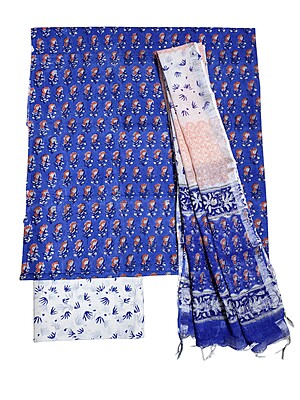 Indigo Hand block Print Cotton Unstitched Salwar Suit Set with Linen Dupatta for Women Indigo Hand block Print Cotton Unstitched Salwar Suit Set with Linen Dupatta for Women