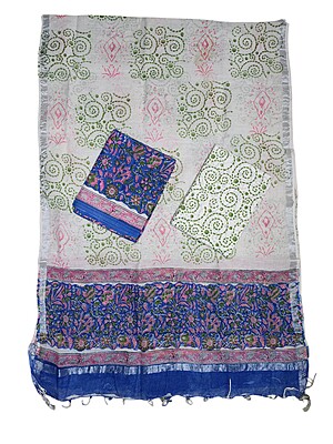 Indigo & Green Unstitched Hand block Print Cotton Salwar Suit Set with Linen Dupatta for Women Indigo & Green Unstitched Hand block Print Cotton Salwar Suit Set with Linen Dupatta for Women