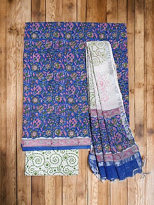 Indigo & Green Unstitched Hand block Print Cotton Salwar Suit Set with Linen Dupatta for Women