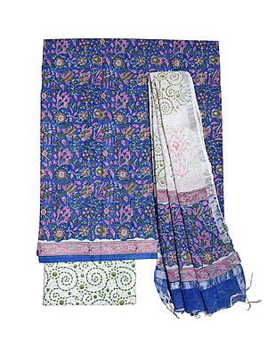 Indigo & Green Unstitched Hand block Print Cotton Salwar Suit Set with Linen Dupatta for Women Indigo & Green Unstitched Hand block Print Cotton Salwar Suit Set with Linen Dupatta for Women