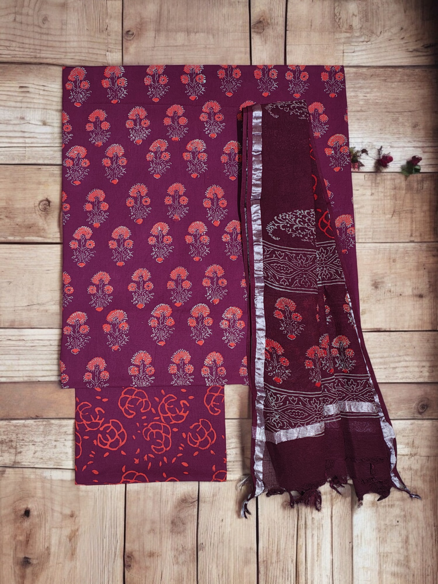 Wine Unstitched Hand block Print Cotton Salwar Suit Set with Linen Dupatta for Women Wine Unstitched Hand block Print Cotton Salwar Suit Set with Linen Dupatta for Women