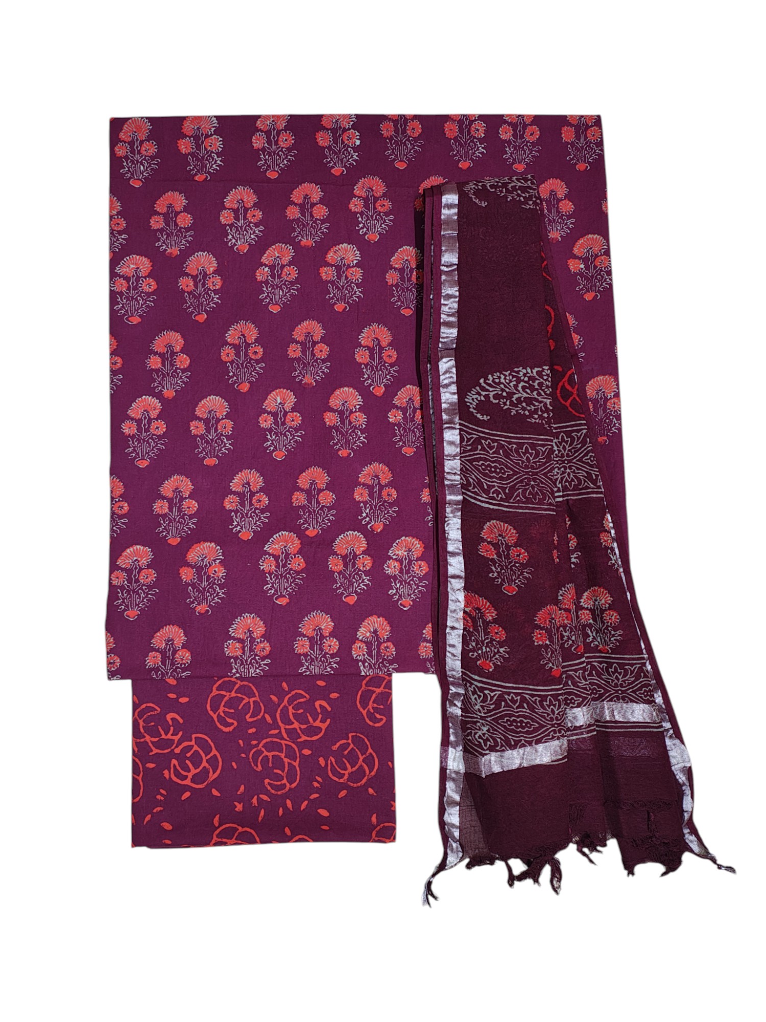 Wine Unstitched Hand block Print Cotton Salwar Suit Set with Linen Dupatta for Women Wine Unstitched Hand block Print Cotton Salwar Suit Set with Linen Dupatta for Women