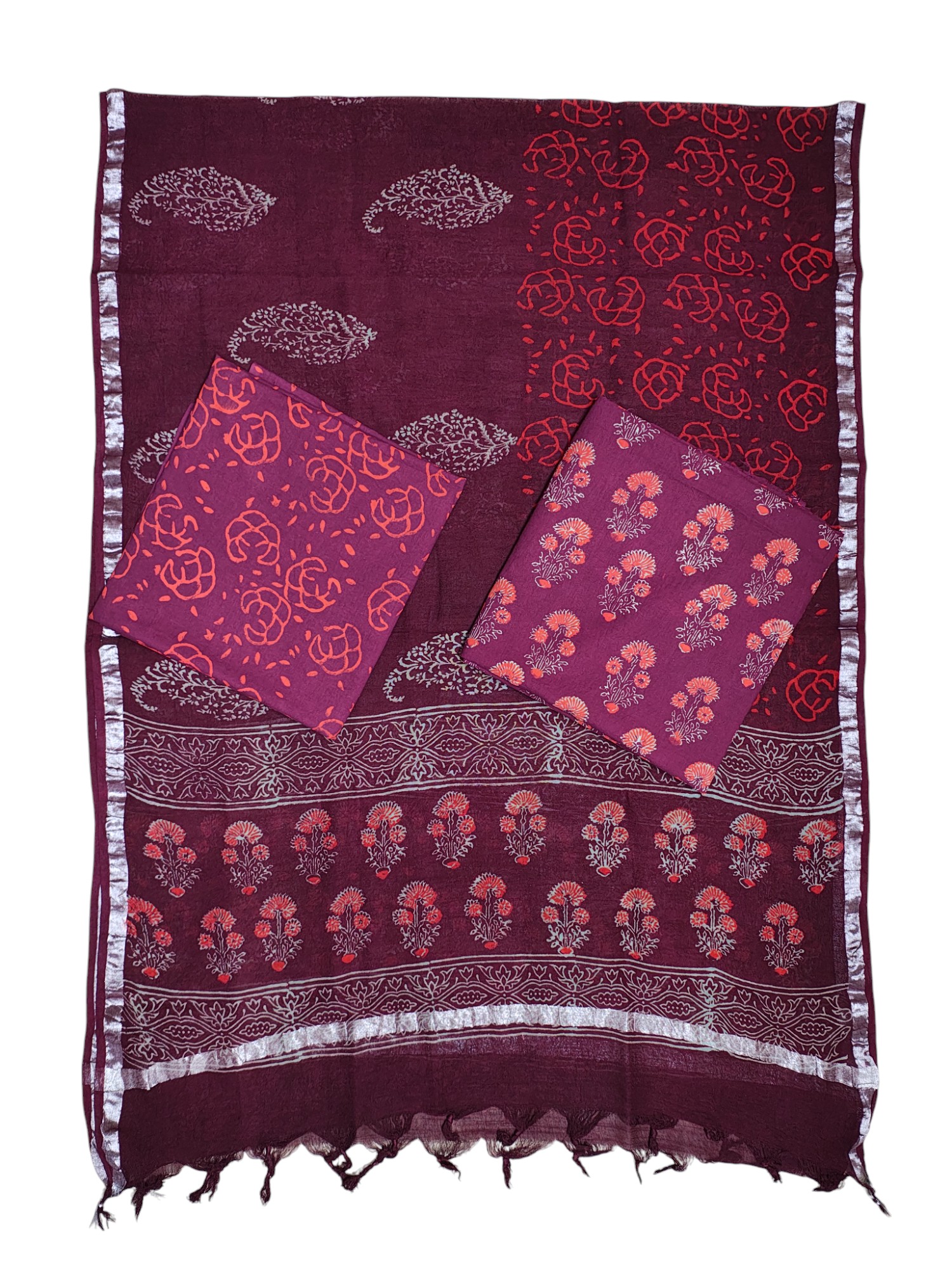 Wine Unstitched Hand block Print Cotton Salwar Suit Set with Linen Dupatta for Women Wine Unstitched Hand block Print Cotton Salwar Suit Set with Linen Dupatta for Women