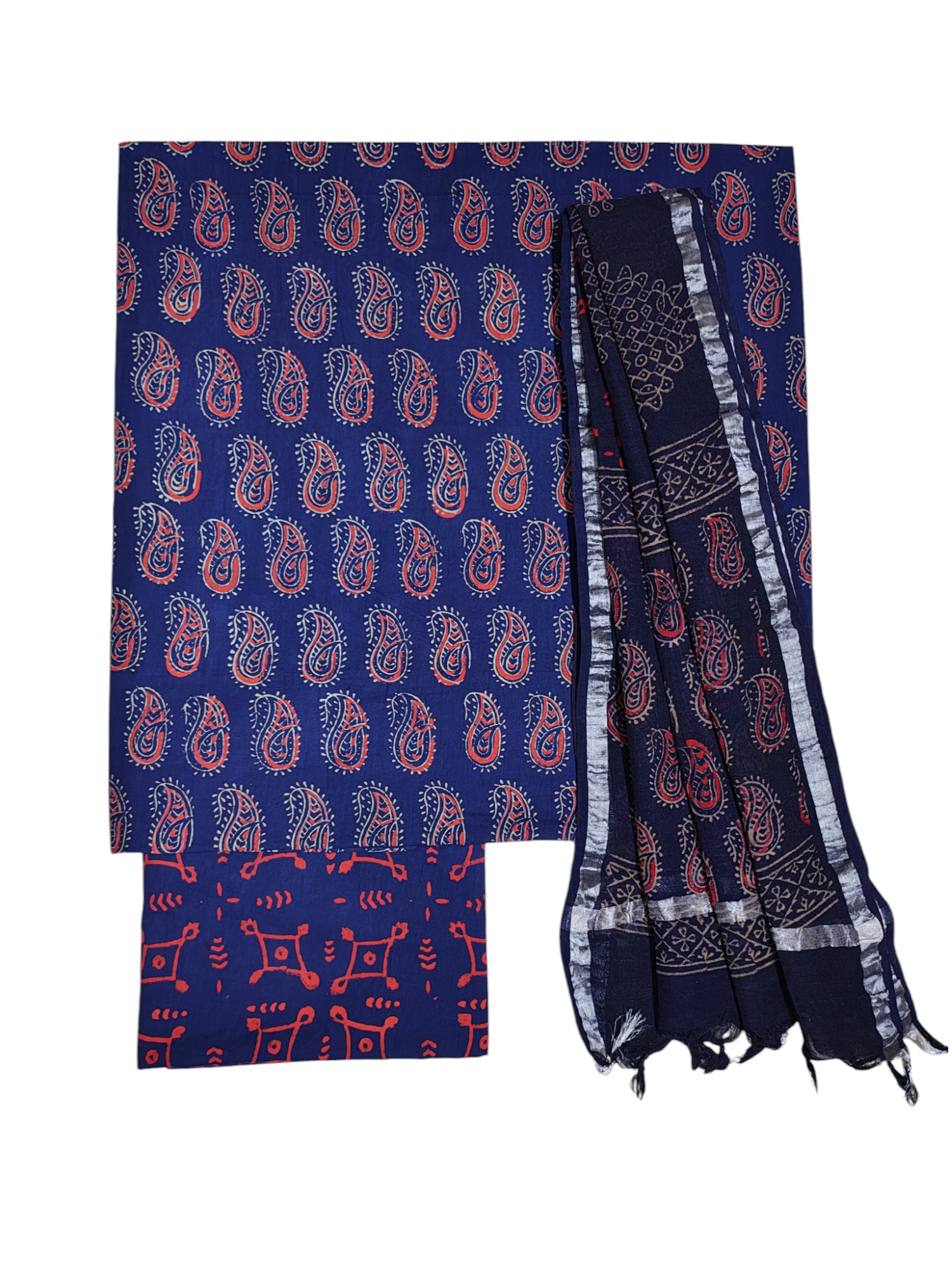 Indigo Unstitched Hand block Print Cotton Salwar Suit Set with Linen Dupatta for Women