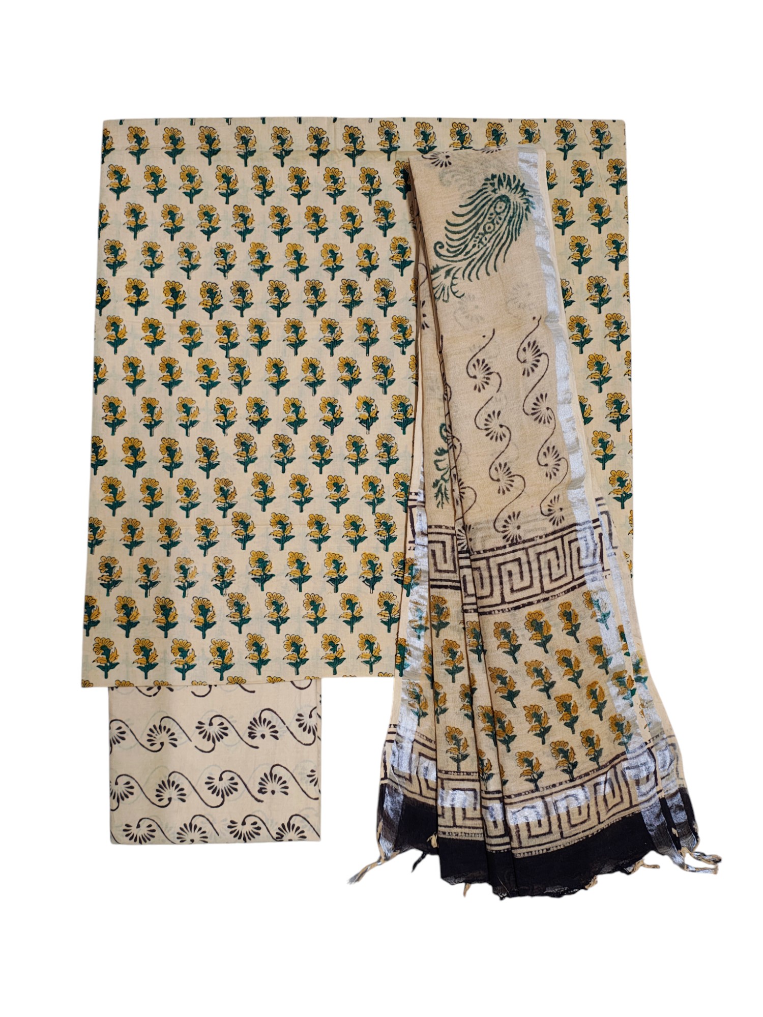 Cream & Green Bagru Block Printed Pure Cotton Dress Material Cream & Green Bagru Block Printed Pure Cotton Dress Material