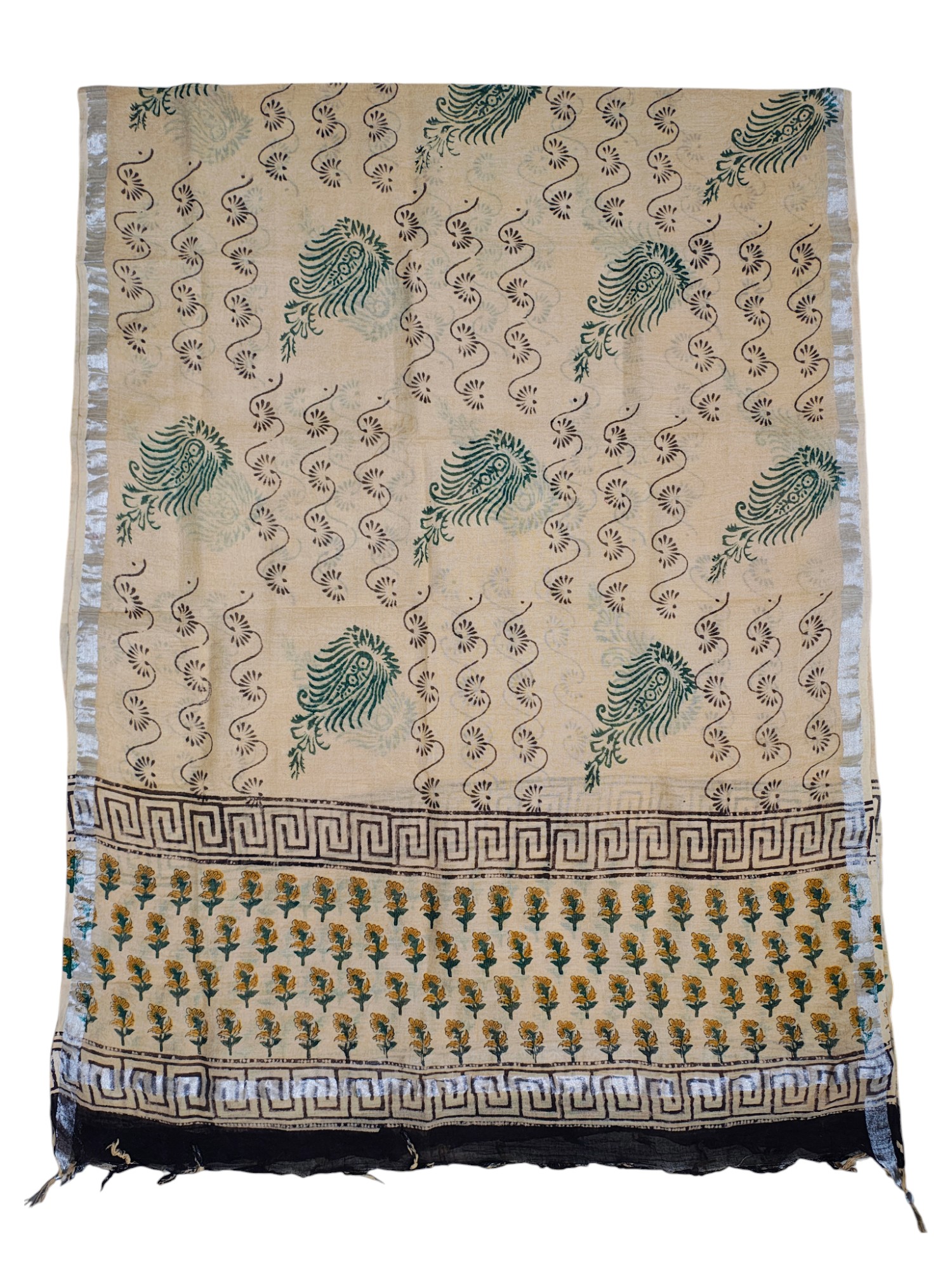 Cream & Green Bagru Block Printed Pure Cotton Dress Material Cream & Green Bagru Block Printed Pure Cotton Dress Material