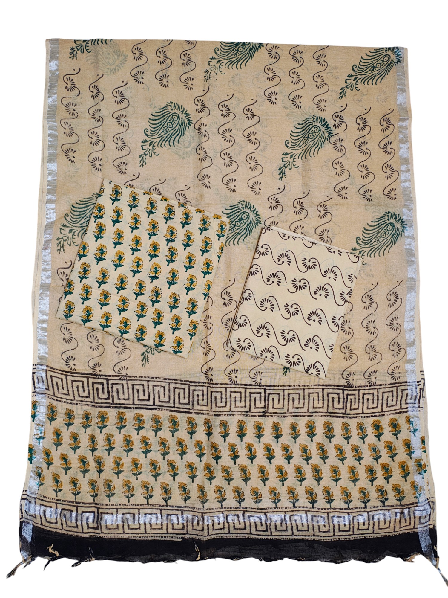 Cream & Green Bagru Block Printed Pure Cotton Dress Material Cream & Green Bagru Block Printed Pure Cotton Dress Material