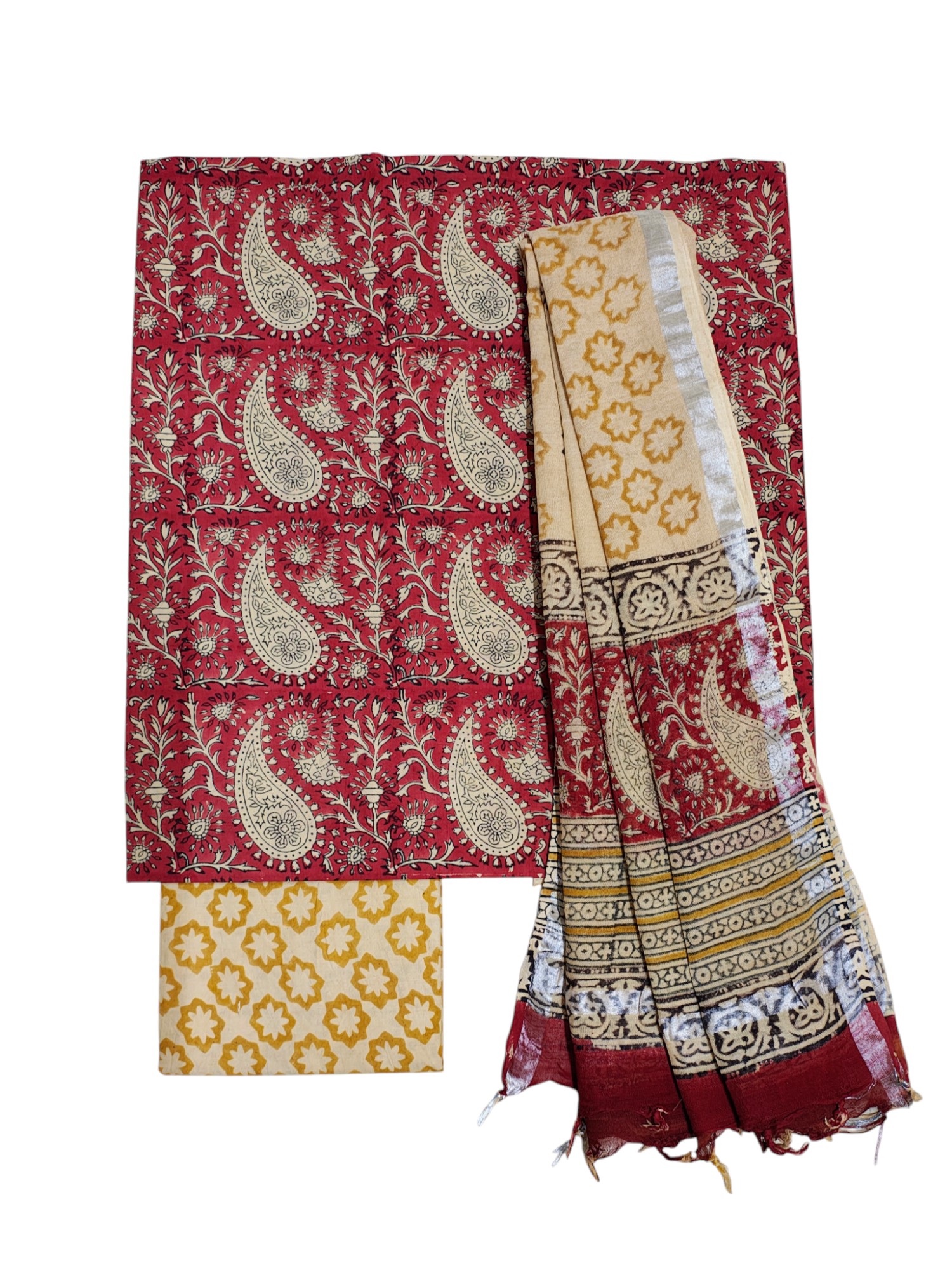 Dark Red Bagru Block Printed Pure Cotton Unstitched Suit Set Dark Red Bagru Block Printed Pure Cotton Unstitched Suit Set