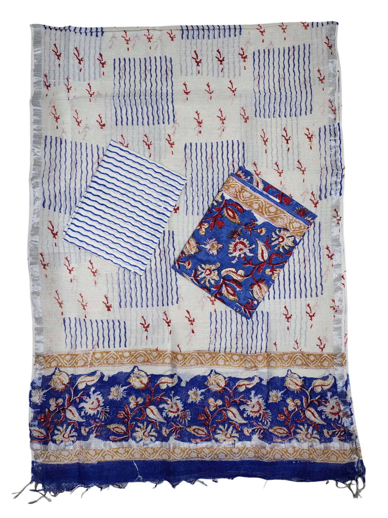 Blue Sanganeri block Print Cotton Unstitched Salwar Suit Set with Linen Dupatta Blue Sanganeri block Print Cotton Unstitched Salwar Suit Set with Linen Dupatta