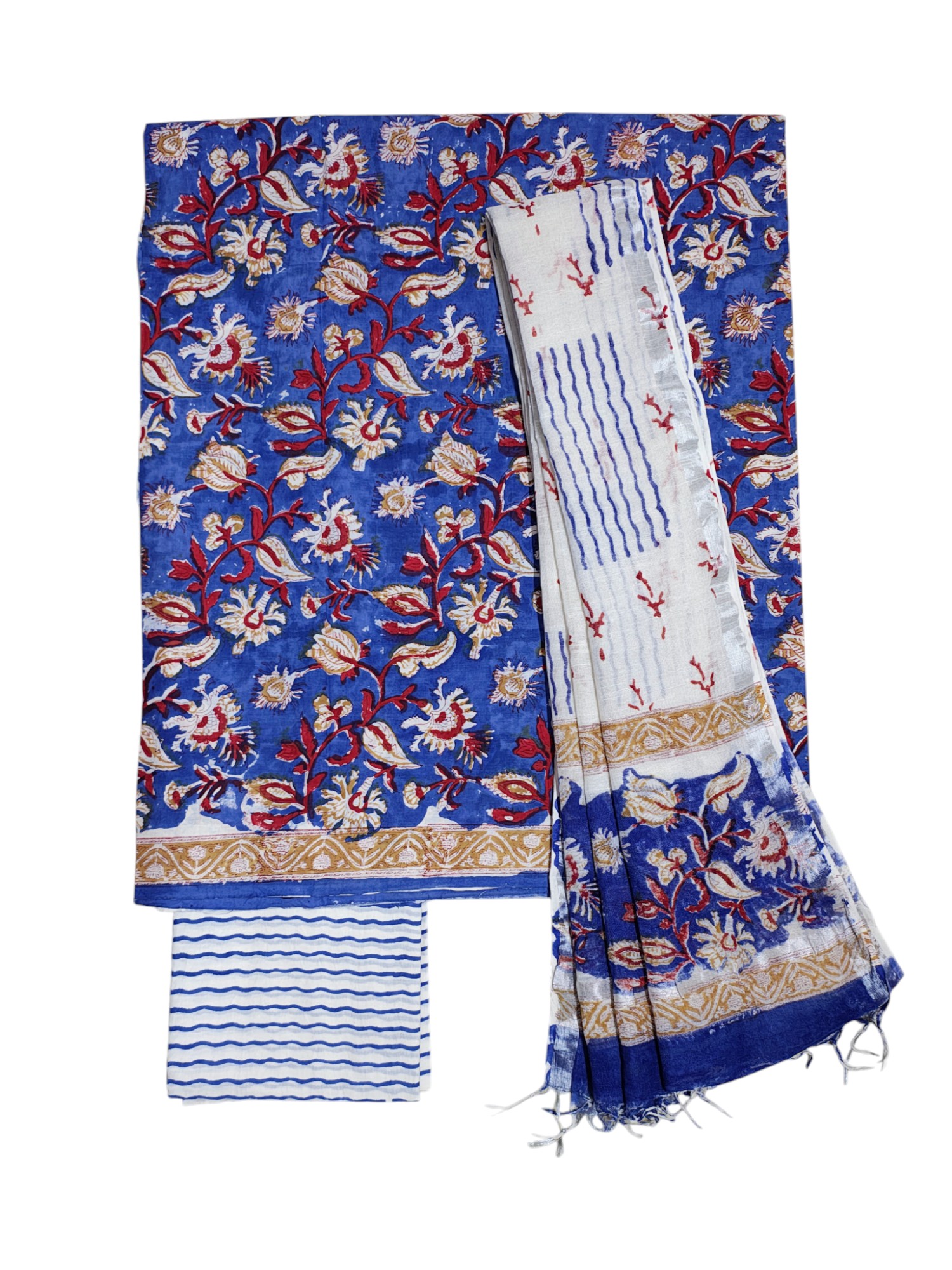 Blue Sanganeri block Print Cotton Unstitched Salwar Suit Set with Linen Dupatta Blue Sanganeri block Print Cotton Unstitched Salwar Suit Set with Linen Dupatta