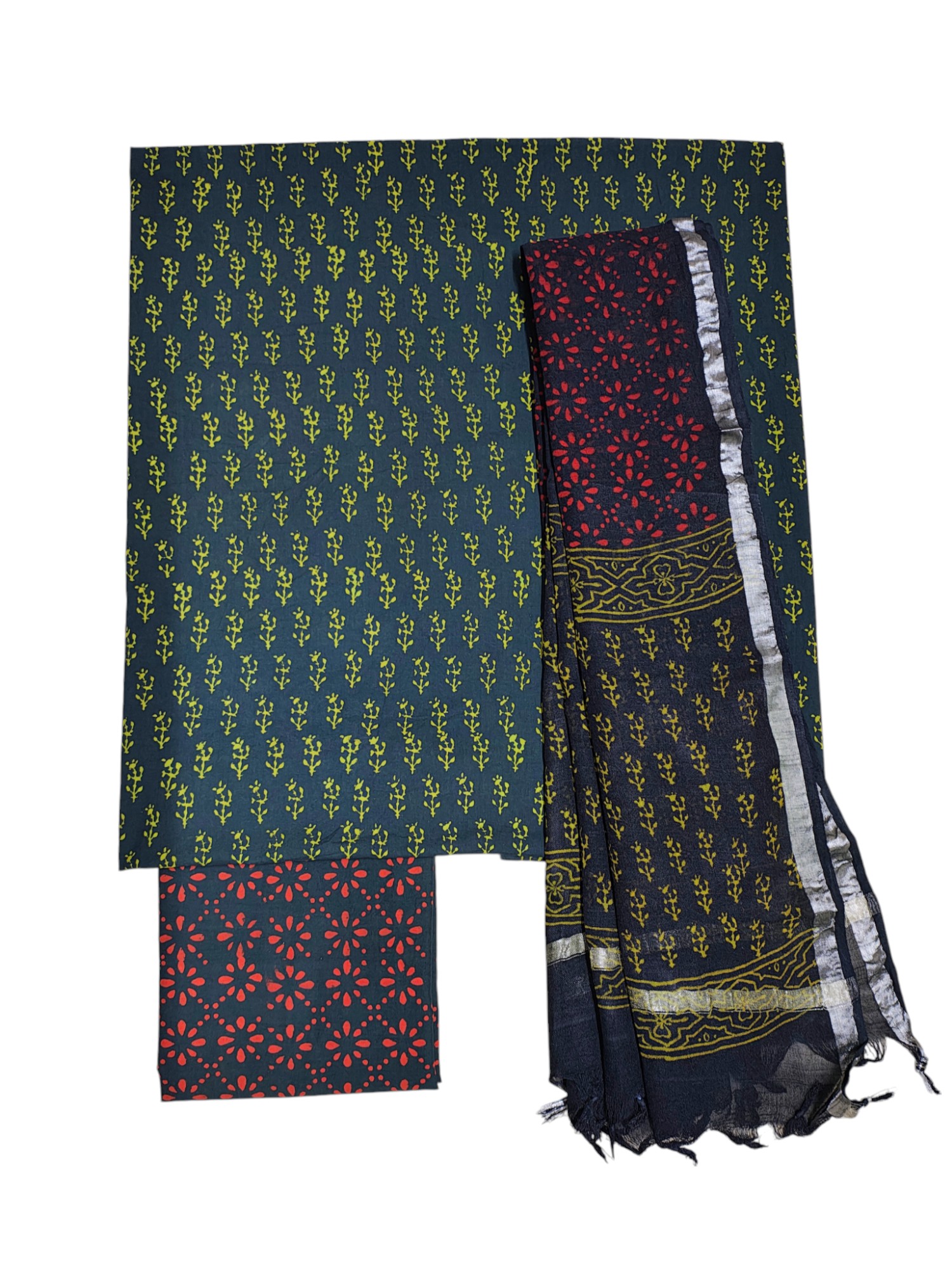 Dark Green Hand Block Print Cotton Unstitched Salwar Suit Set with Linen Dupatta Dark Green Hand Block Print Cotton Unstitched Salwar Suit Set with Linen Dupatta
