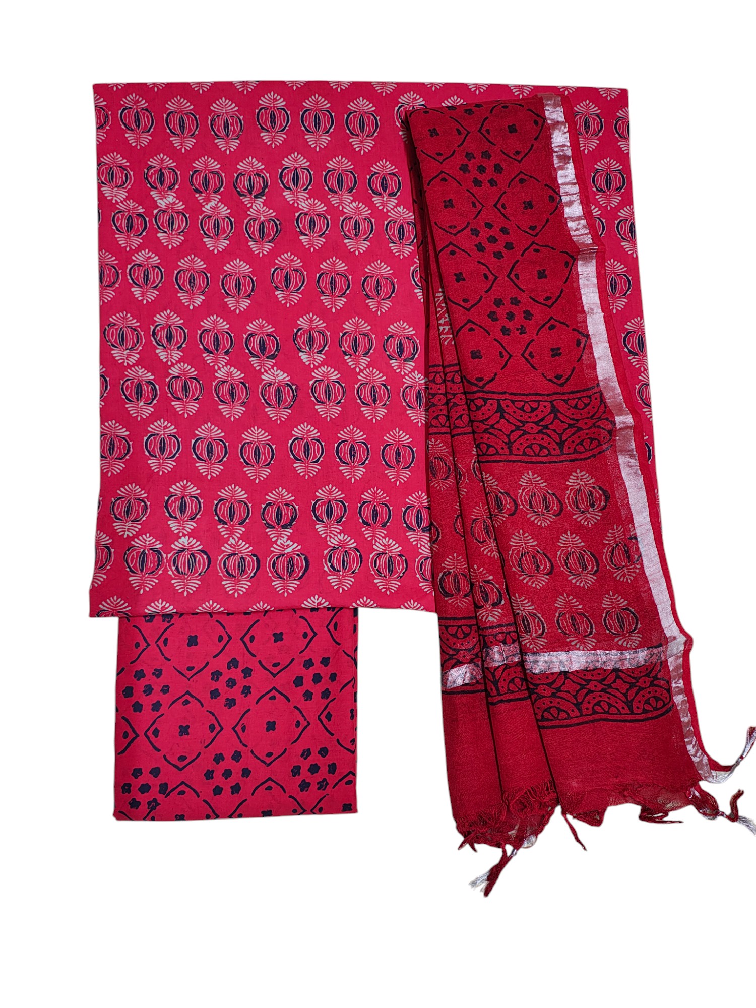 Red Ajrakh Print Cotton Unstitched Salwar Suit Set with Linen Dupatta Red Ajrakh Print Cotton Unstitched Salwar Suit Set with Linen Dupatta