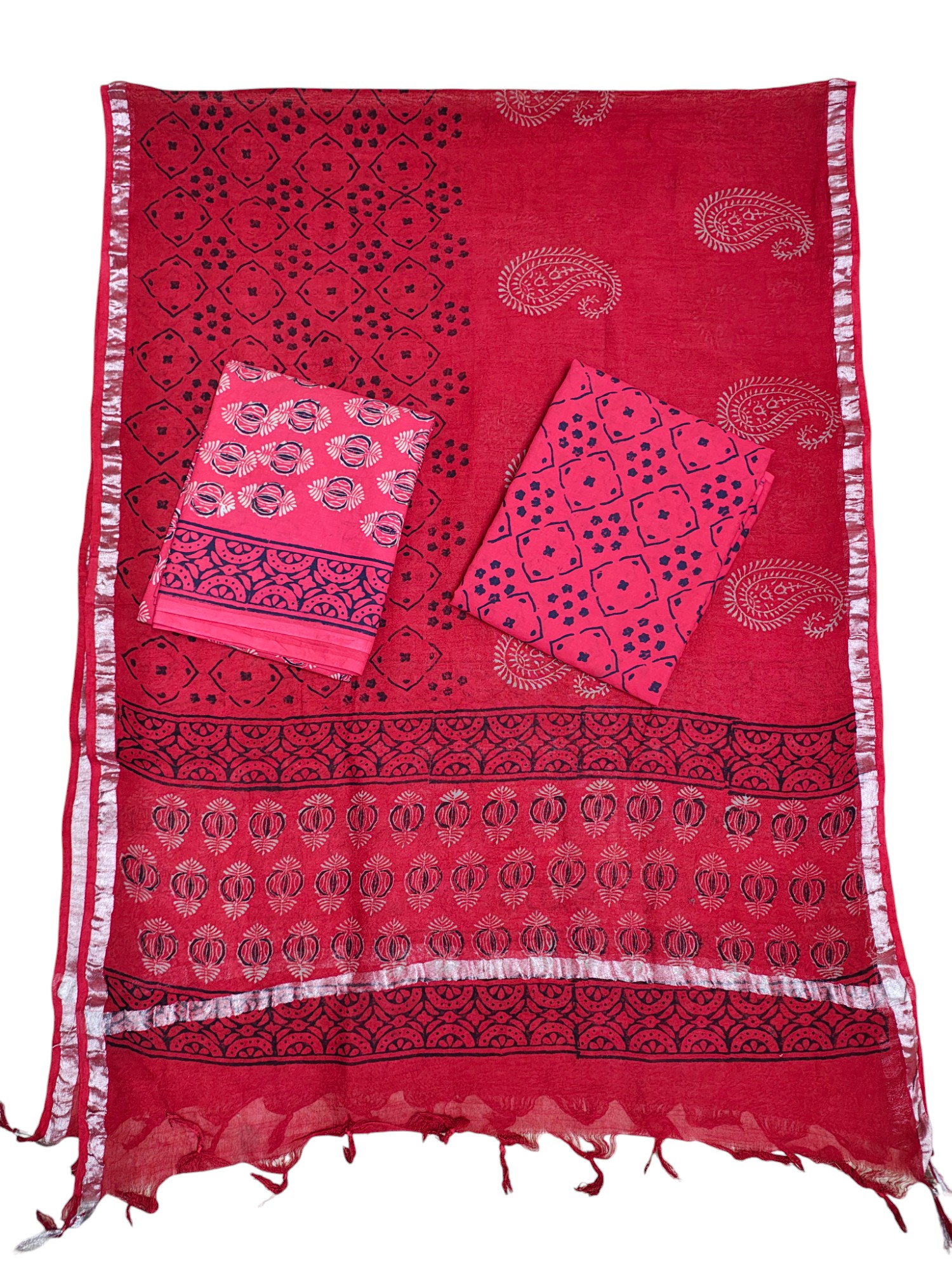 Red Ajrakh Print Cotton Unstitched Salwar Suit Set with Linen Dupatta Red Ajrakh Print Cotton Unstitched Salwar Suit Set with Linen Dupatta