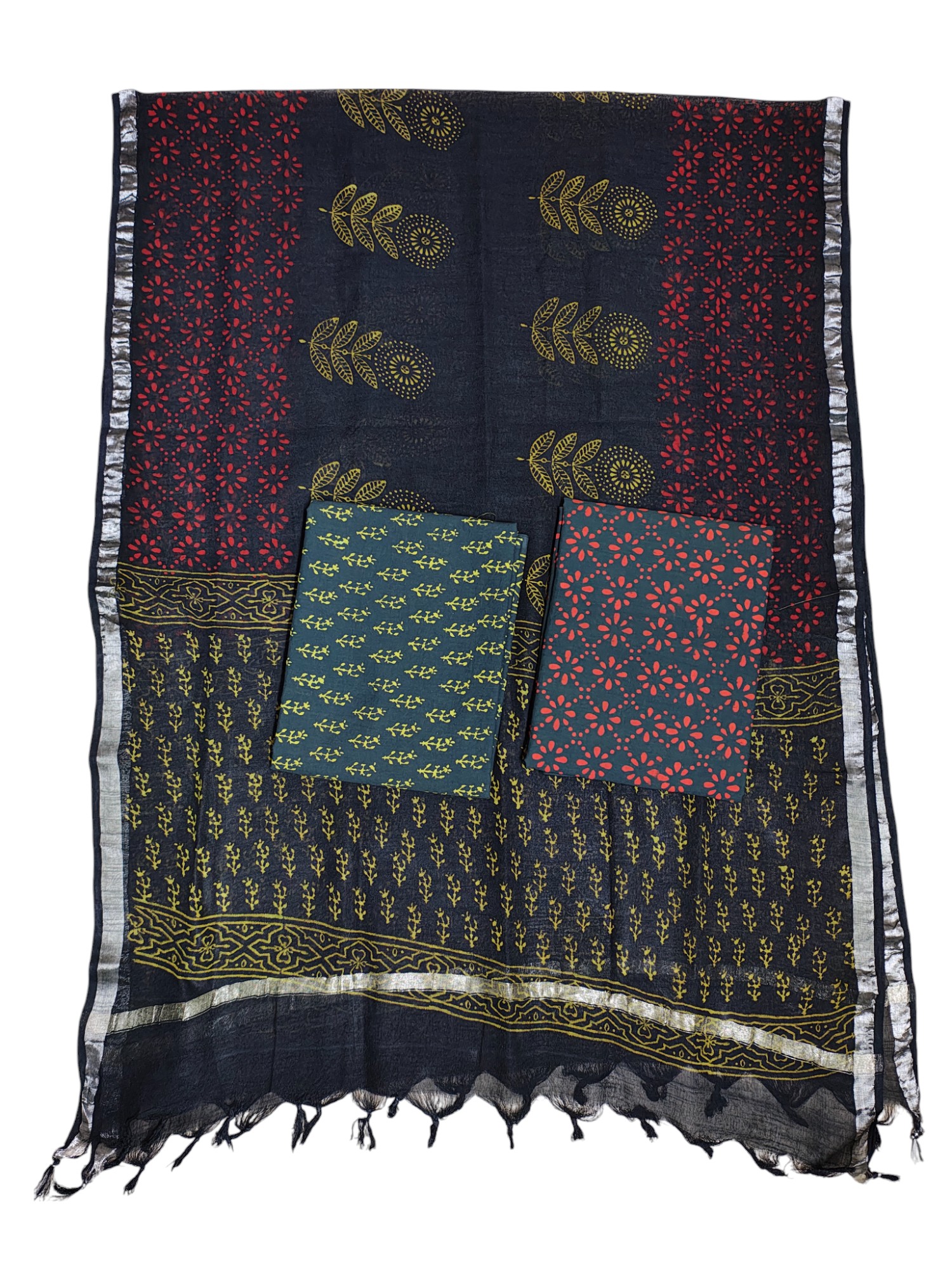 Dark Green Hand Block Print Cotton Unstitched Salwar Suit Set with Linen Dupatta Dark Green Hand Block Print Cotton Unstitched Salwar Suit Set with Linen Dupatta