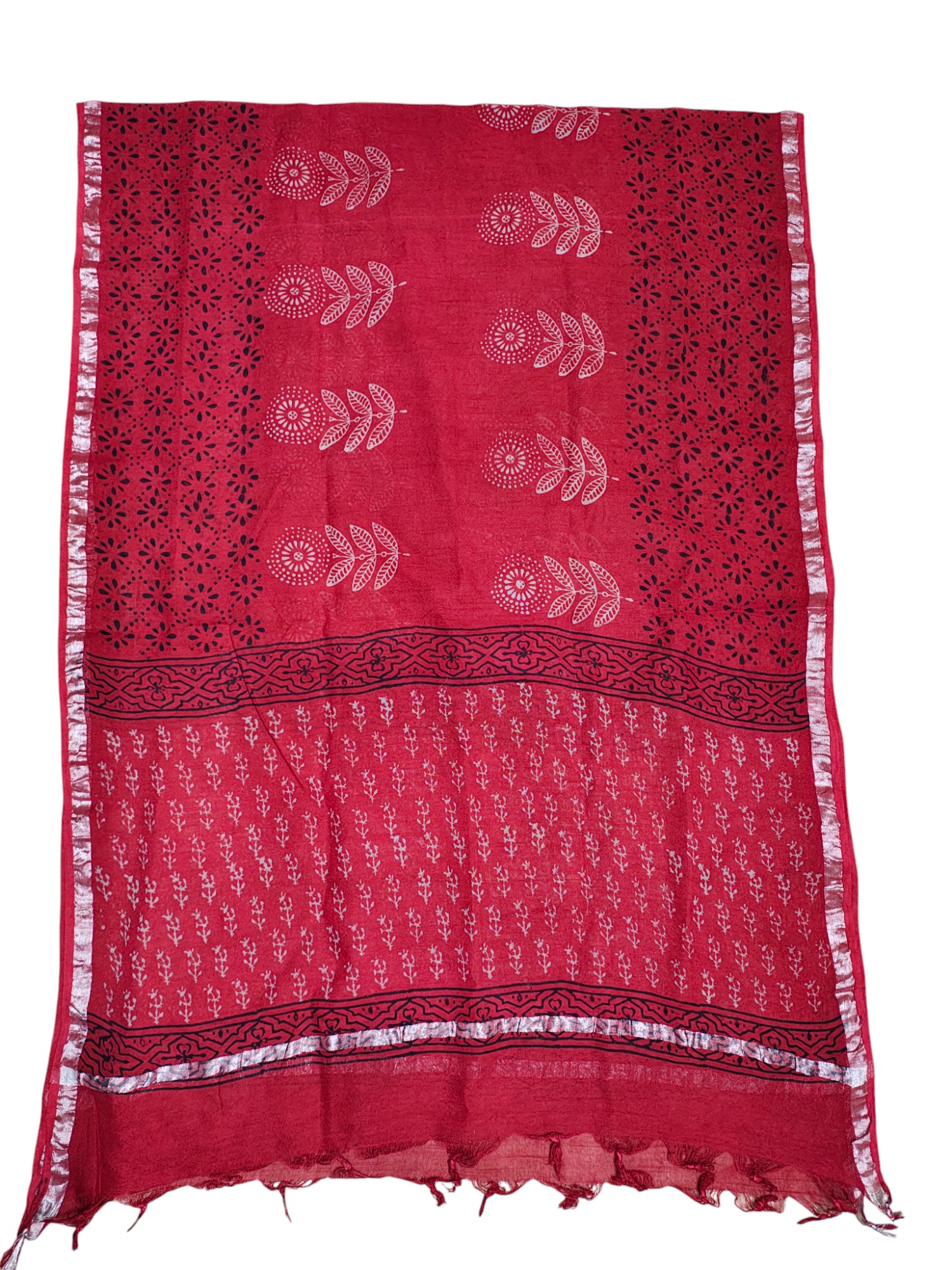 Red Hand block Print Cotton Unstitched Salwar Suit Set with Linen Dupatta
