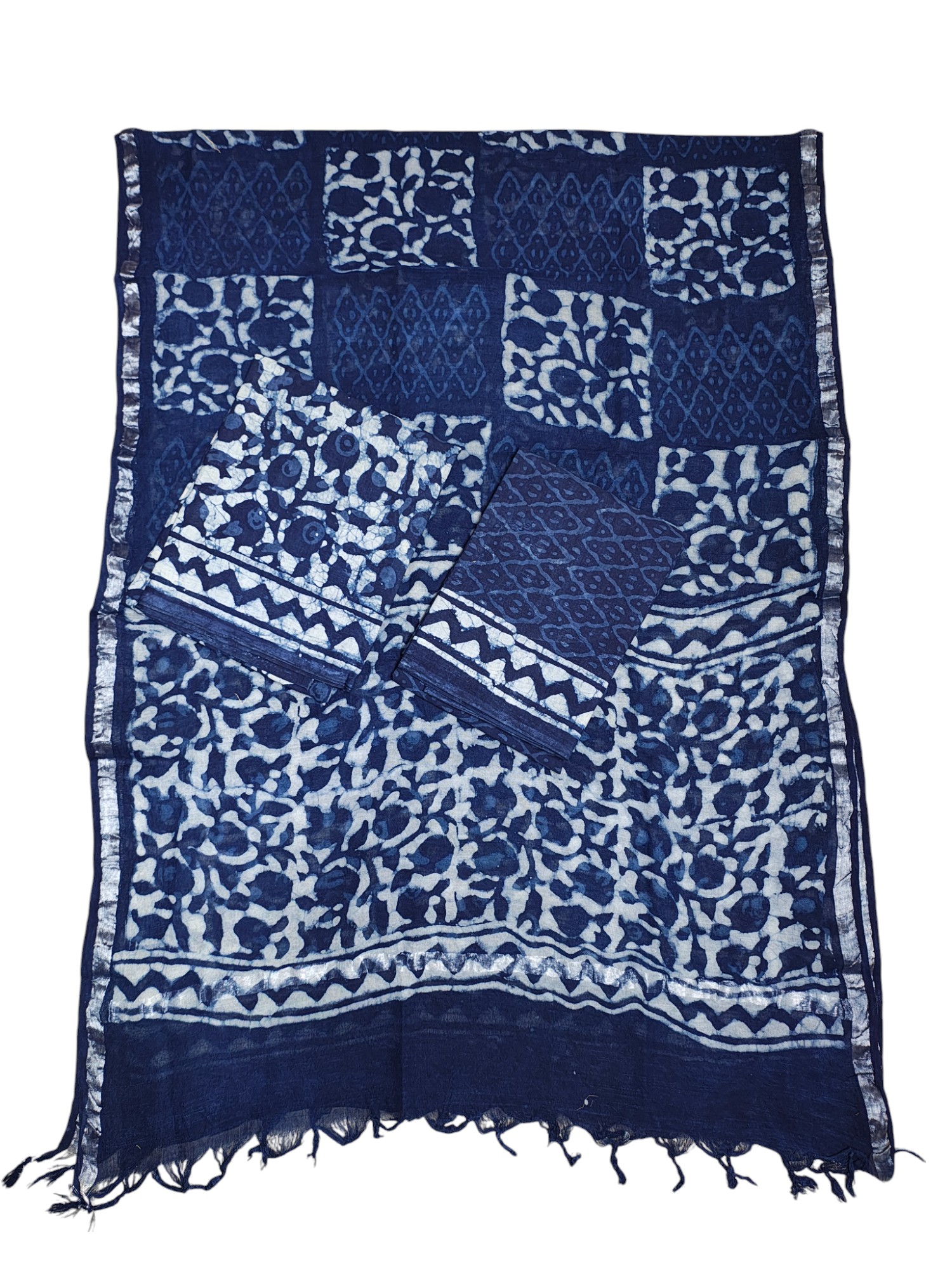 Indigo Dabu Print Pure Cotton Dress Material with Linen Dupatta Indigo Dabu Print Pure Cotton Dress Material with Linen Dupatta