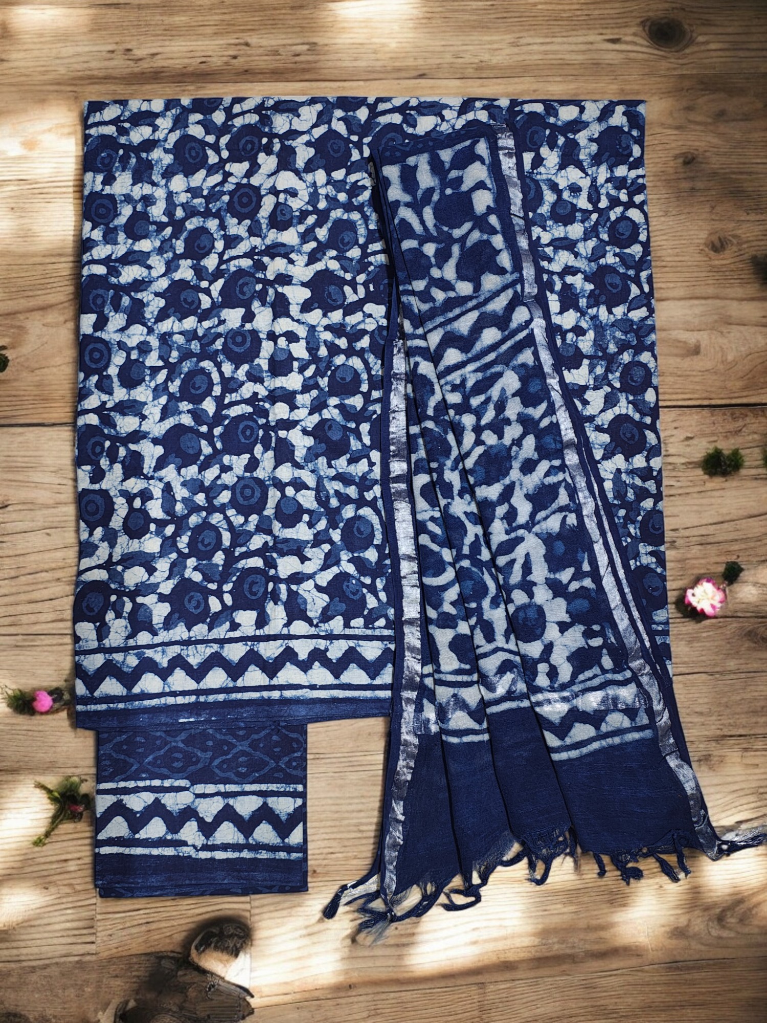 Indigo Dabu Print Pure Cotton Dress Material with Linen Dupatta