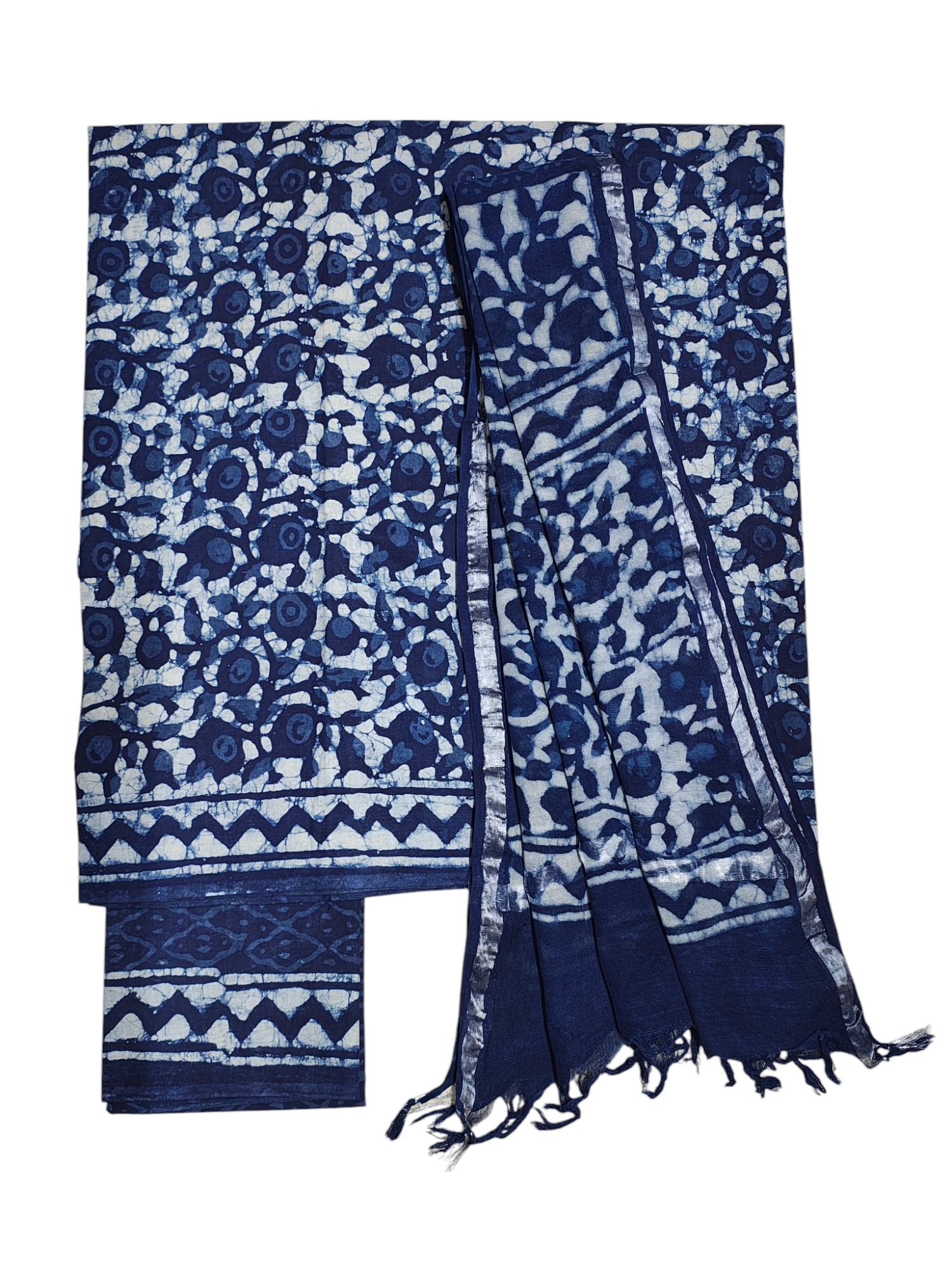 Indigo Dabu Print Pure Cotton Dress Material with Linen Dupatta Indigo Dabu Print Pure Cotton Dress Material with Linen Dupatta