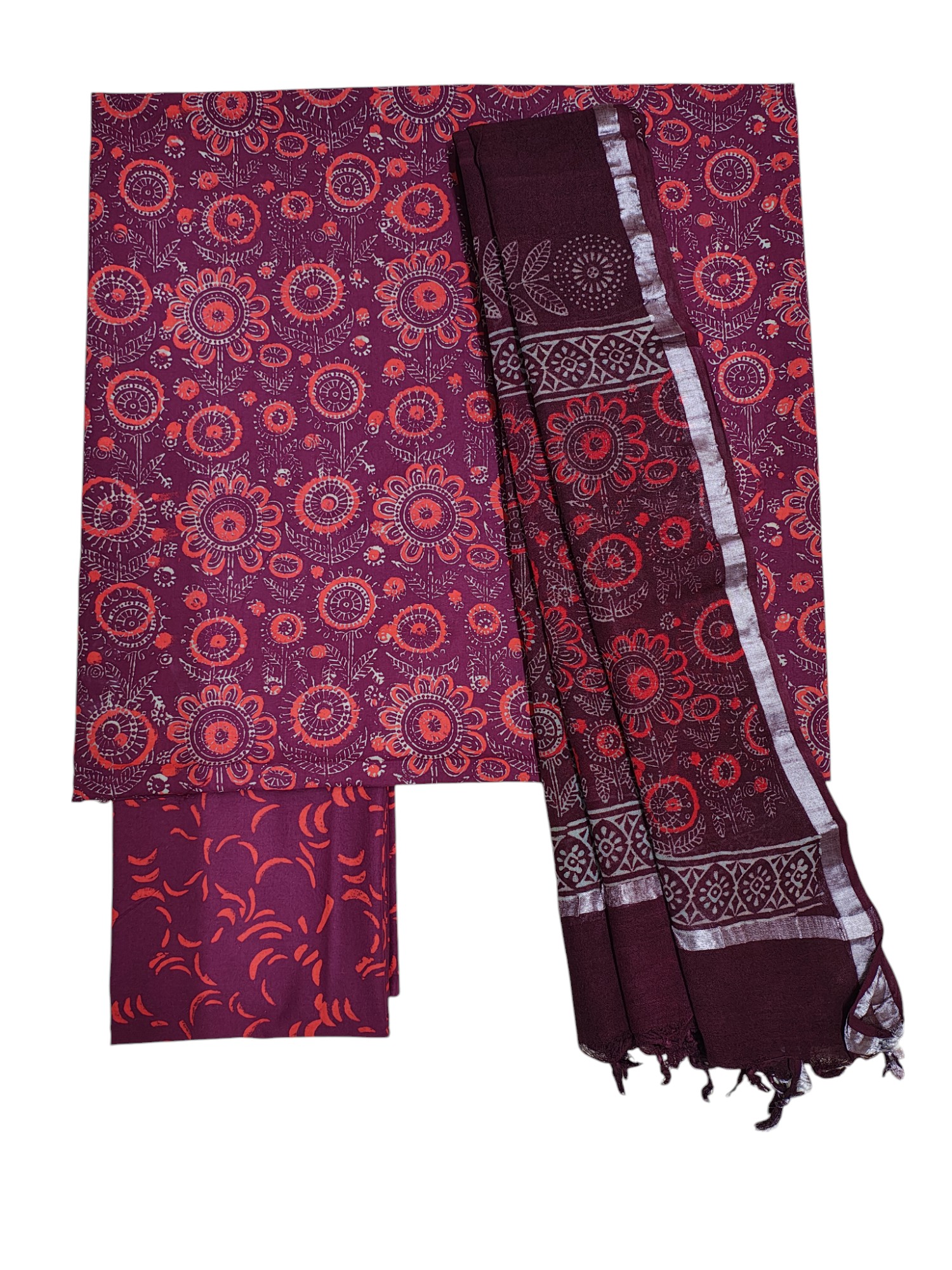 Wine Ajrakh Print Cotton Unstitched Salwar Suit Set with Linen Dupatta for Women Wine Ajrakh Print Cotton Unstitched Salwar Suit Set with Linen Dupatta for Women