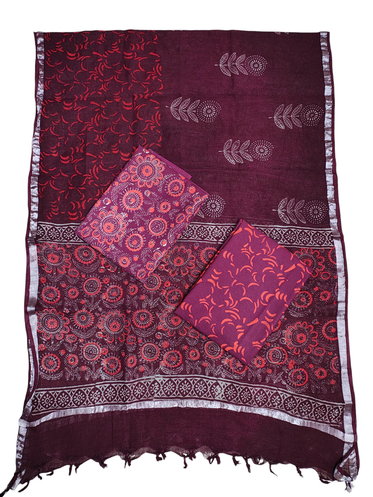 Wine Ajrakh Print Cotton Unstitched Salwar Suit Set with Linen Dupatta for Women Wine Ajrakh Print Cotton Unstitched Salwar Suit Set with Linen Dupatta for Women
