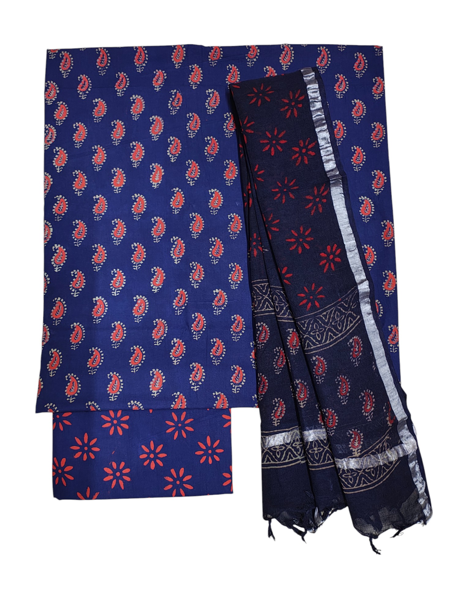 Indigo Ajrakh Print Unstitched Salwar Suit Set with Linen Dupatta