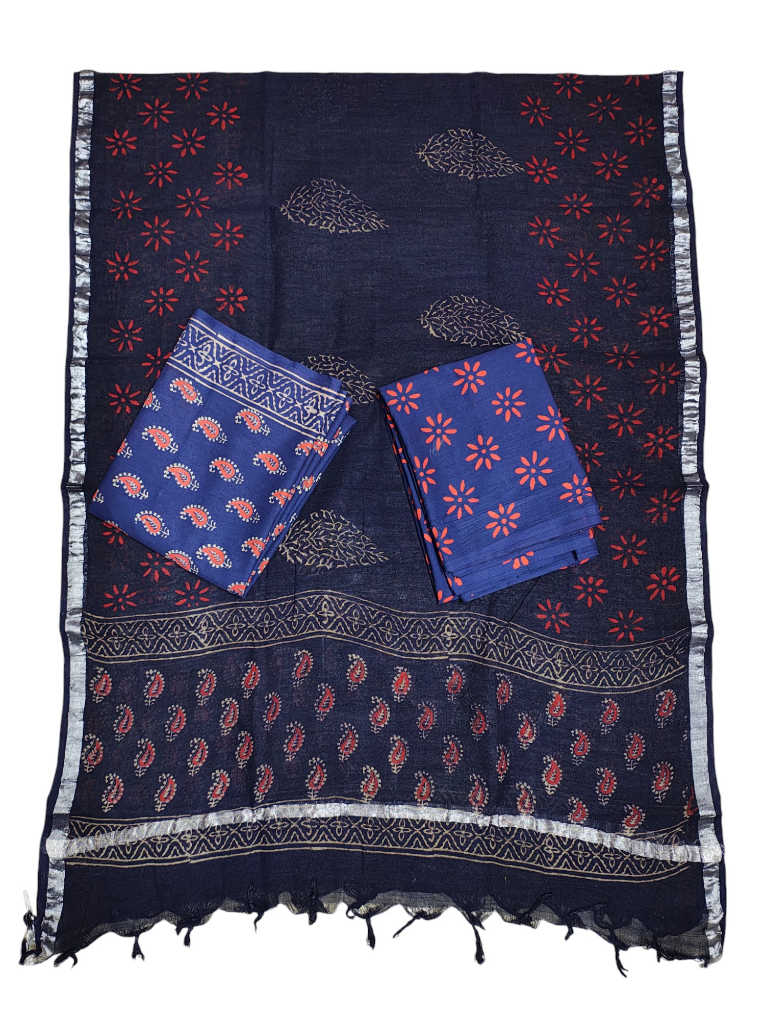 Indigo Ajrakh Print Unstitched Salwar Suit Set with Linen Dupatta