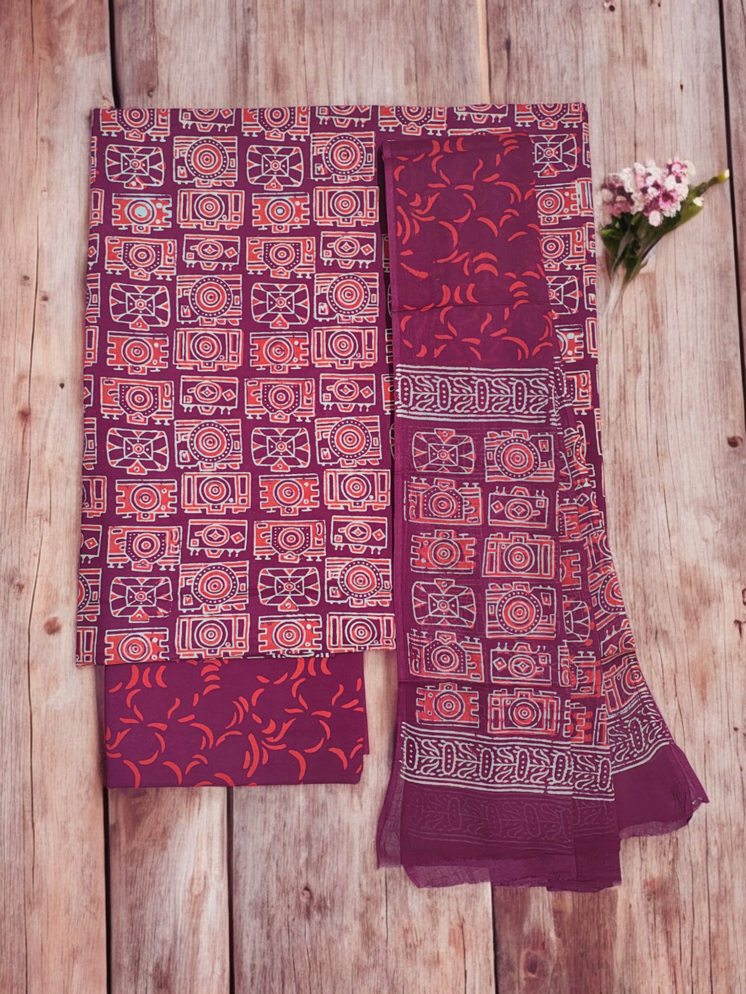 Wine Ajrakh Print Cotton Unstitched Suit Set with cotton Dupatta