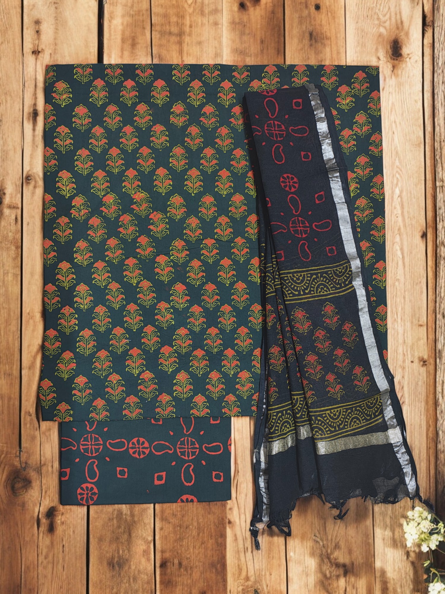 Green Ajrakh Print Cotton Unstitched Salwar Suit Set with Linen Dupatta