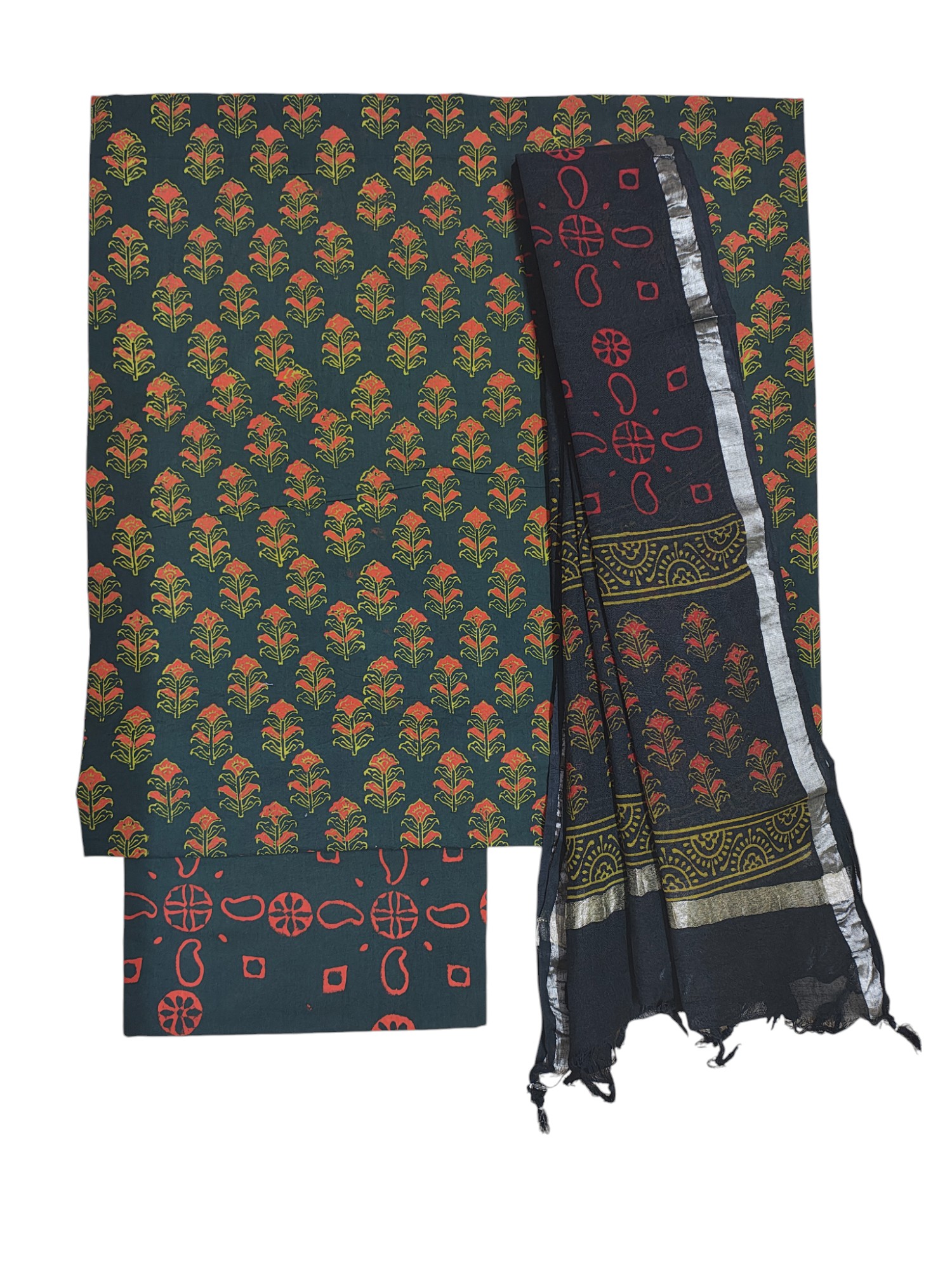 Green Ajrakh Print Cotton Unstitched Salwar Suit Set with Linen Dupatta Green Ajrakh Print Cotton Unstitched Salwar Suit Set with Linen Dupatta