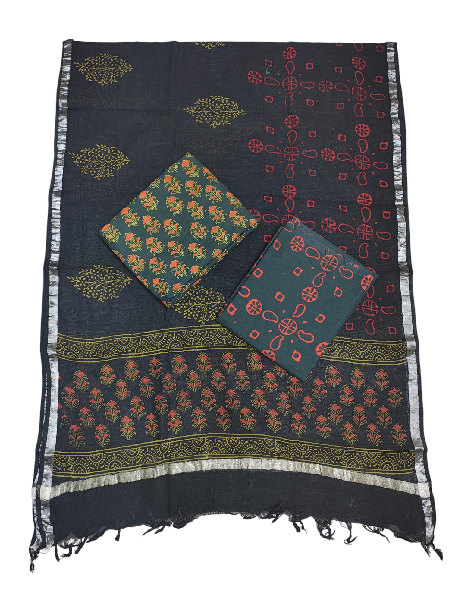 Green Ajrakh Print Cotton Unstitched Salwar Suit Set with Linen Dupatta Green Ajrakh Print Cotton Unstitched Salwar Suit Set with Linen Dupatta