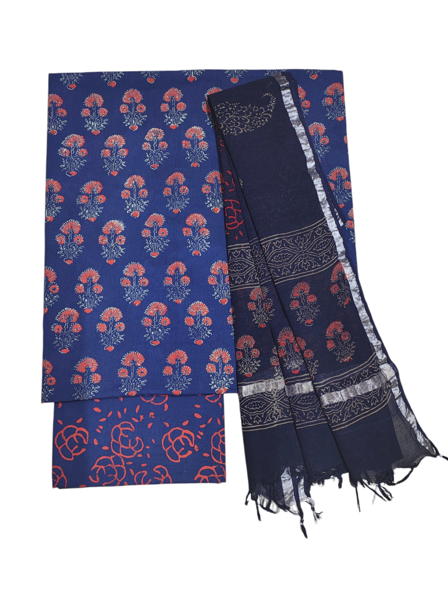 Indigo Ajrakh Print Unstitched Suit Set with Linen Dupatta