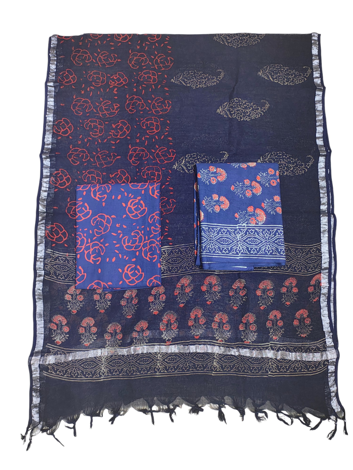 Indigo Ajrakh Print Unstitched Suit Set with Linen Dupatta