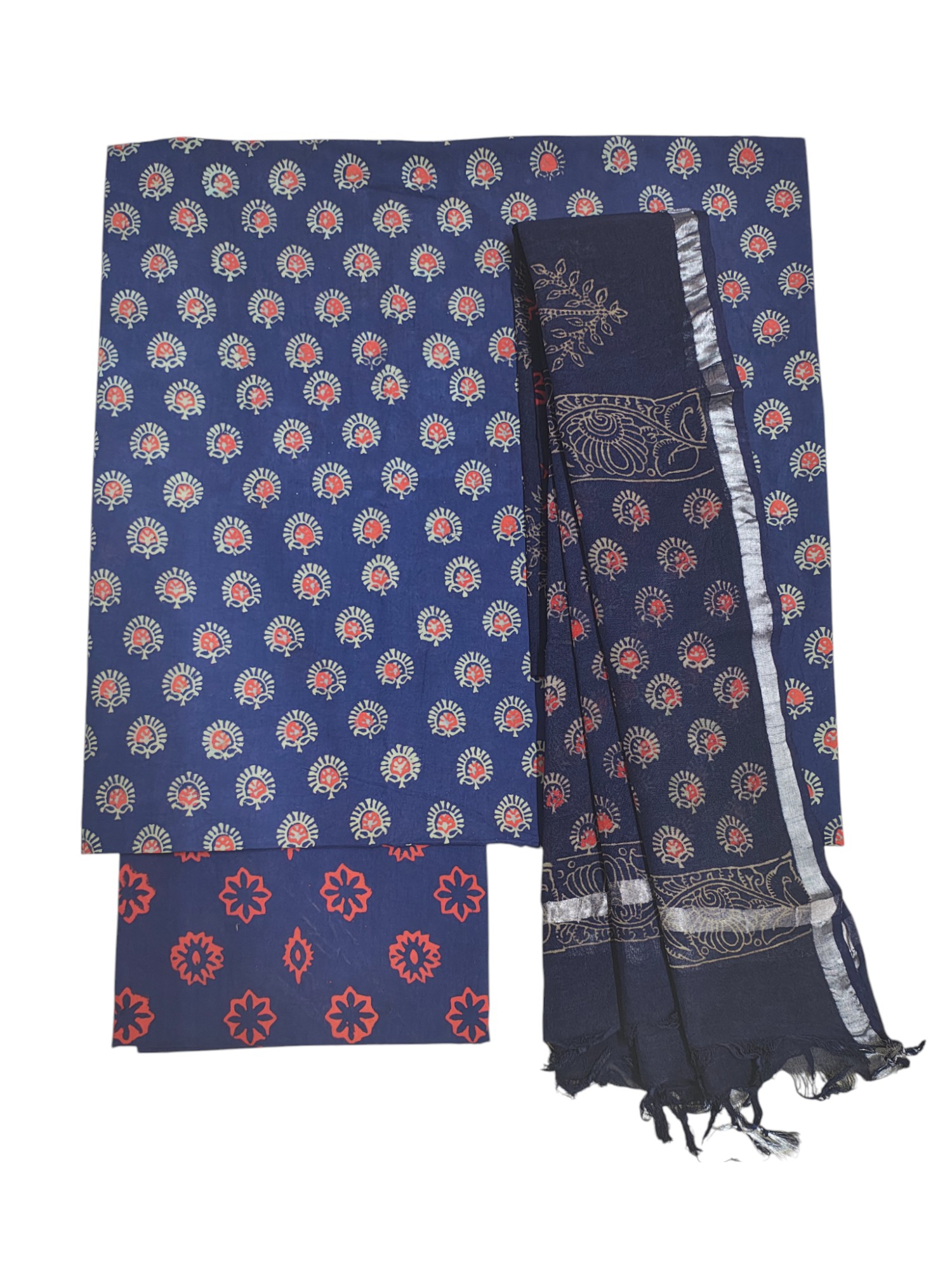 Indigo Ajrakh Print Cotton Unstitched Salwar Suit Set with Linen Dupatta Indigo Ajrakh Print Cotton Unstitched Salwar Suit Set with Linen Dupatta