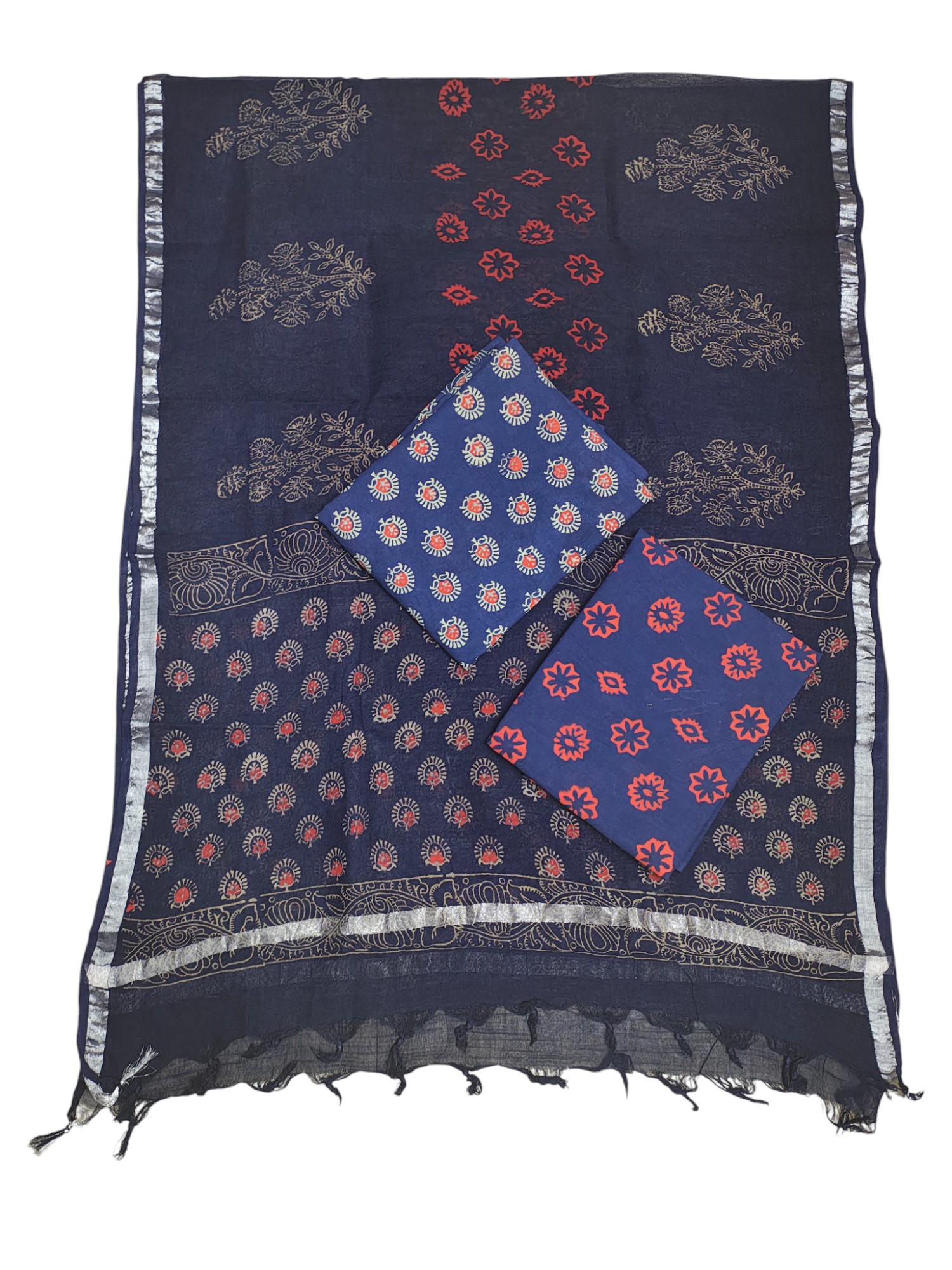 Indigo Ajrakh Print Cotton Unstitched Salwar Suit Set with Linen Dupatta Indigo Ajrakh Print Cotton Unstitched Salwar Suit Set with Linen Dupatta