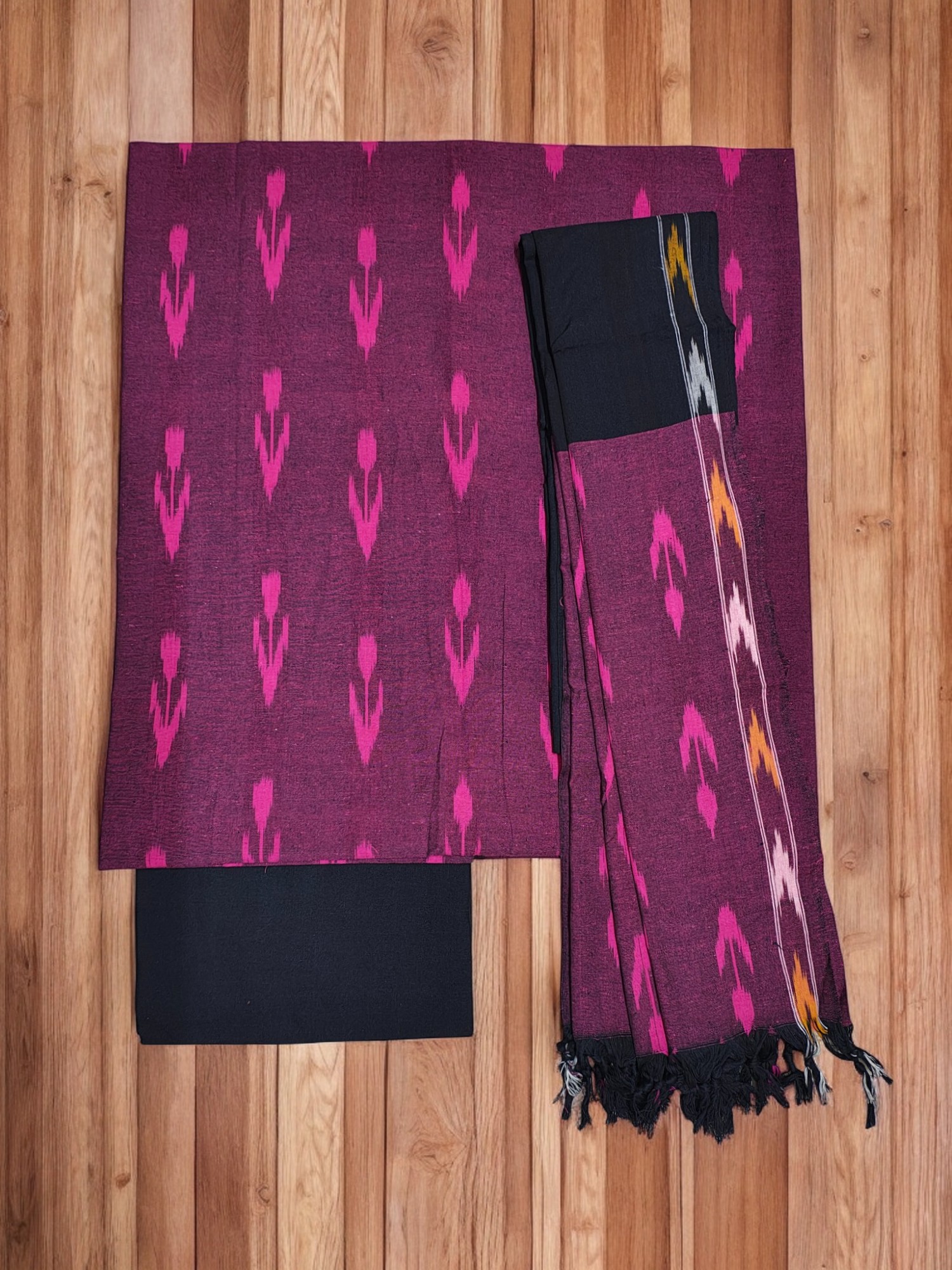 Dark Pink Pochampally Ikat Cotton Unstitched Salwar Suit Set with Dupatta