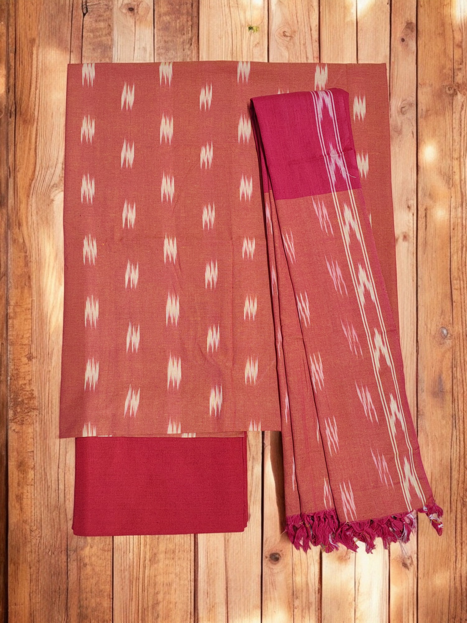 Peach Ikkat Cotton Unstitched Salwar Suit Set with Dupatta