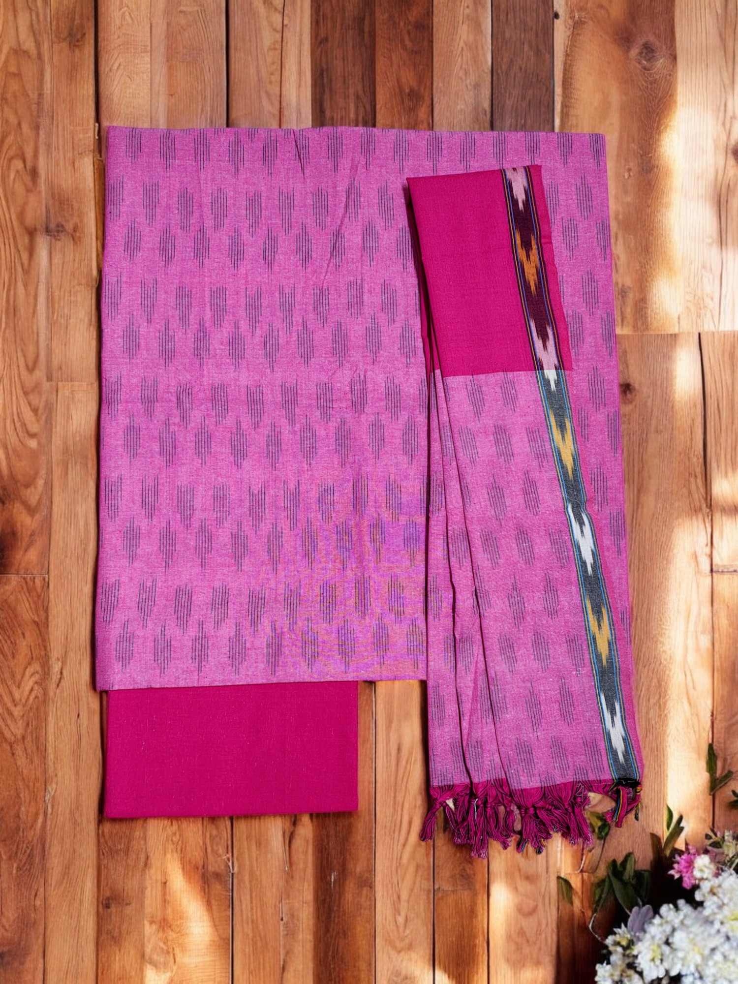 Pink Pochampally Ikkat Cotton Unstitched Salwar Suit Set with Dupatta