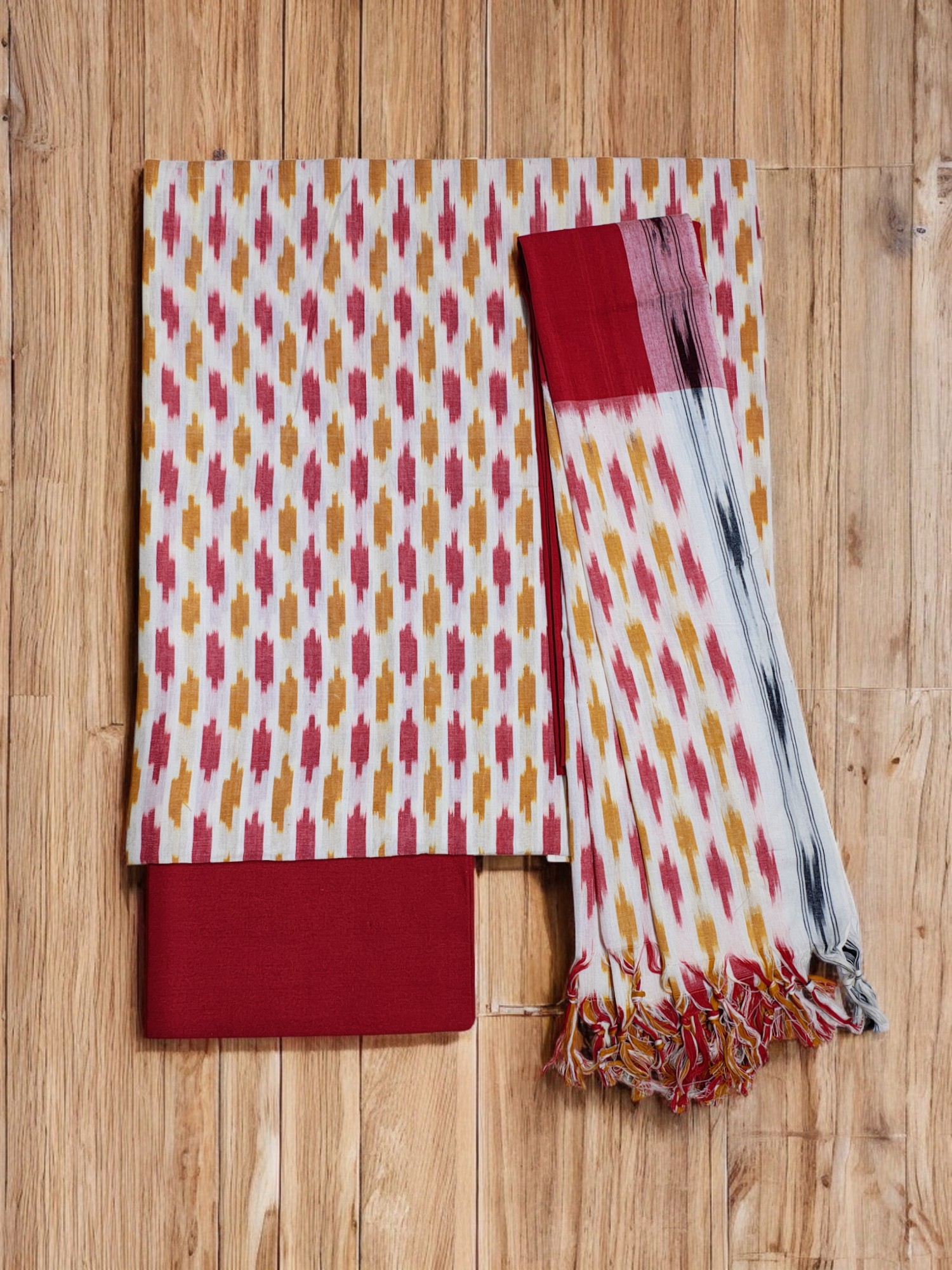 Red & White Pochampally Ikkat Cotton Unstitched Salwar Suit Set with Dupatta