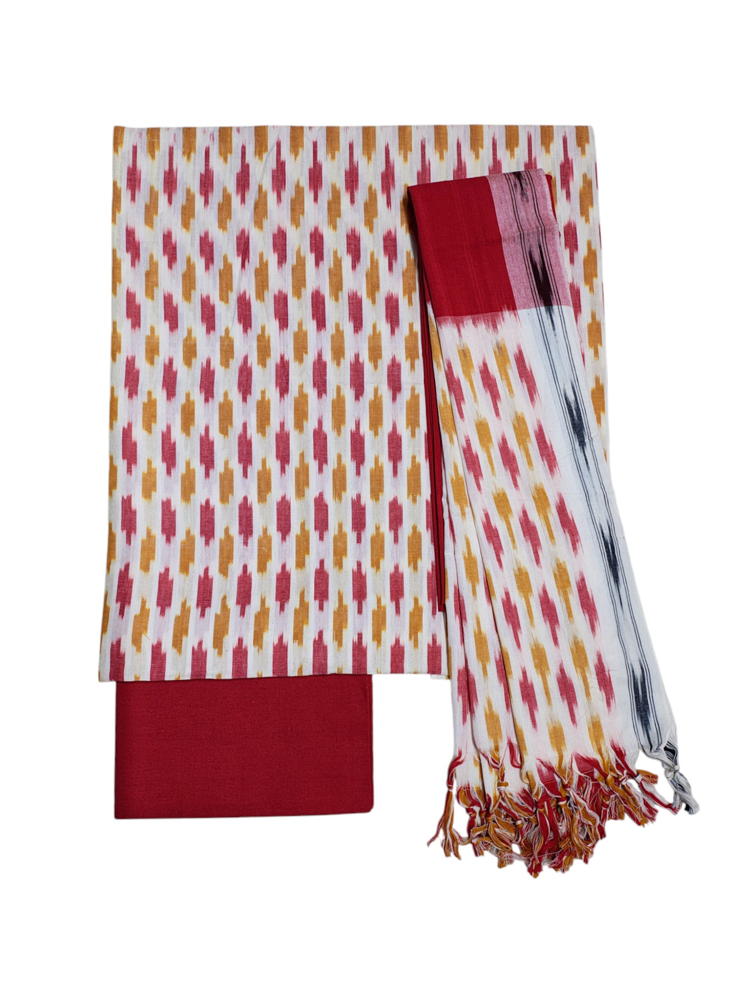 Red & White Pochampally Ikkat Cotton Unstitched Salwar Suit Set with Dupatta Red & White Pochampally Ikkat Cotton Unstitched Salwar Suit Set with Dupatta