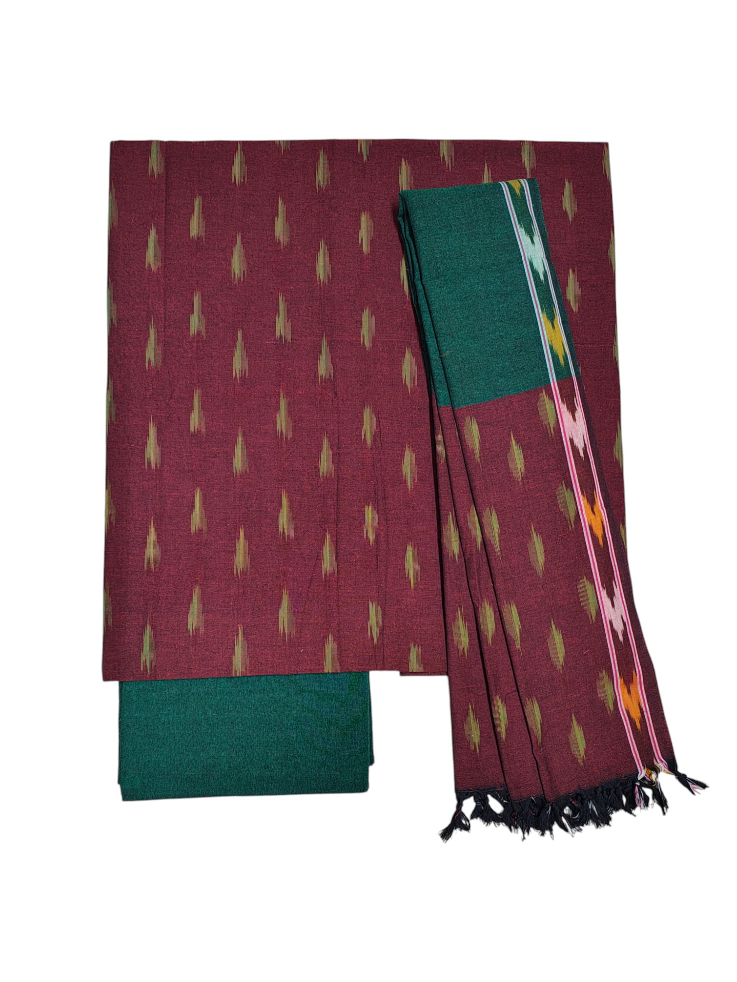 Maroon & Green Pochampally Ikkat Cotton Unstitched Salwar Suit Set Maroon & Green Pochampally Ikkat Cotton Unstitched Salwar Suit Set