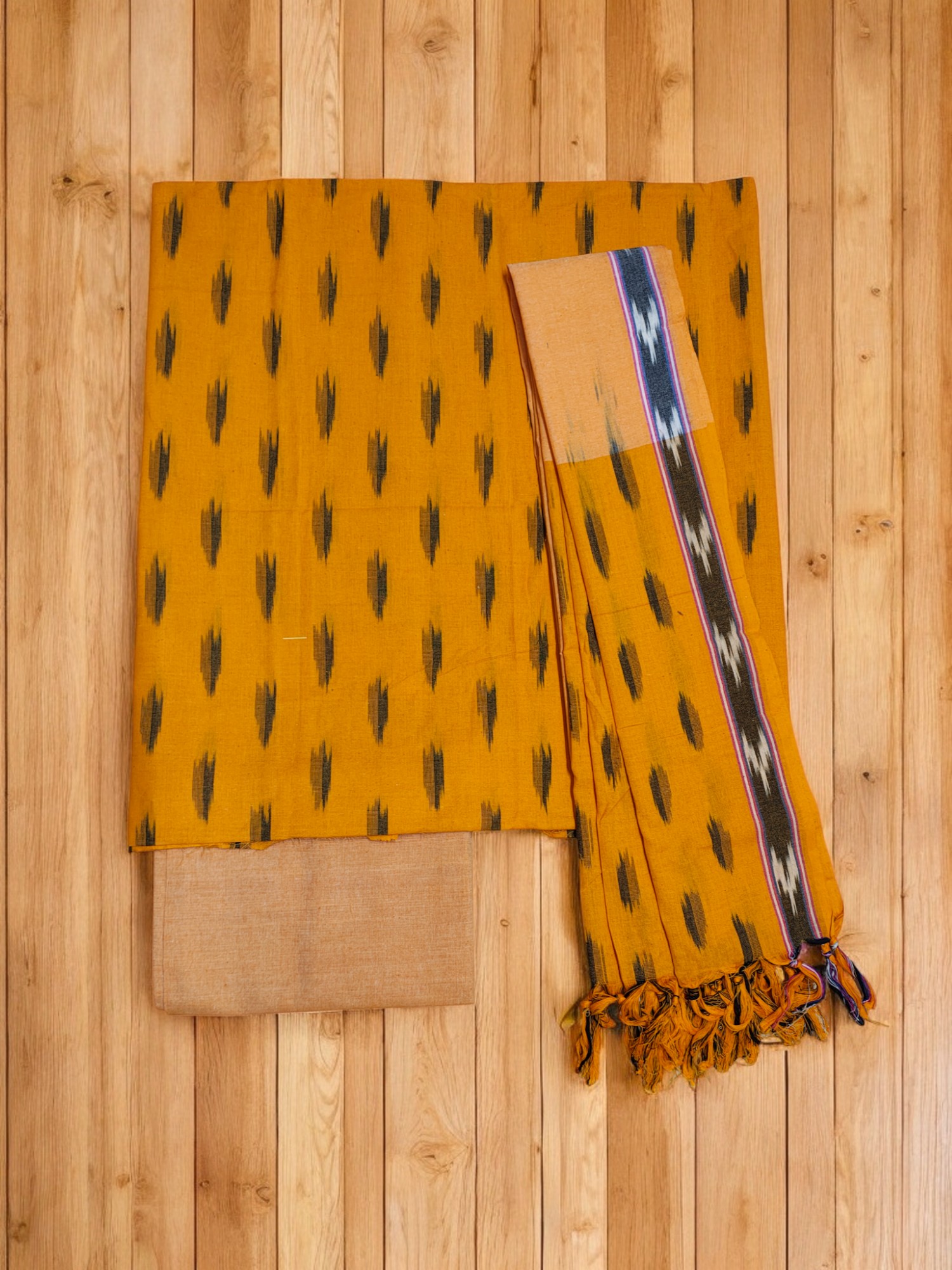 Yellow Pochampally Ikkat Cotton Unstitched Salwar Suit Set with Dupatta
