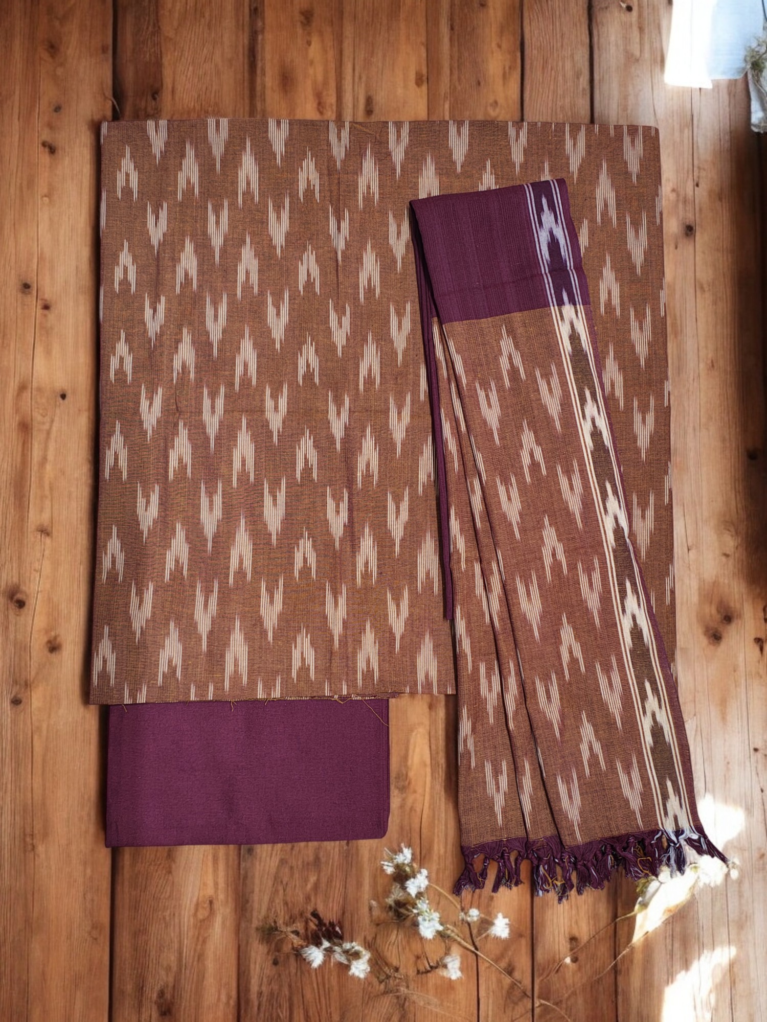 Rust & Maroon Pochampally Ikkat Cotton Unstitched Salwar Suit Set with Dupatta