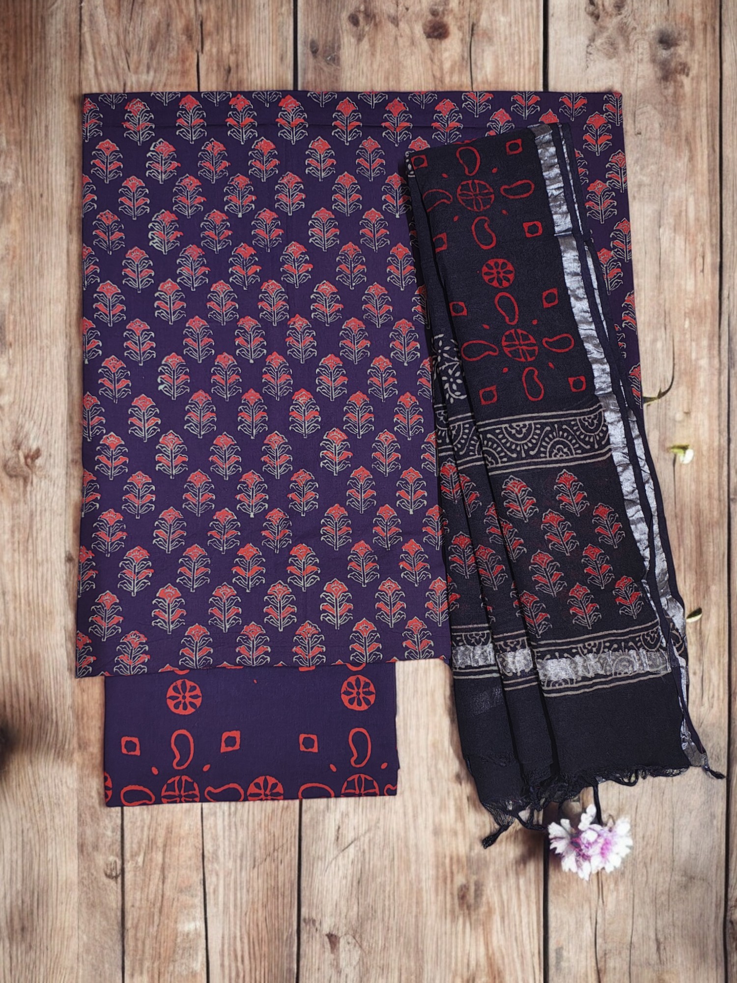 Purple Ajrakh Print Cotton Dress Materials with Linen Dupatta