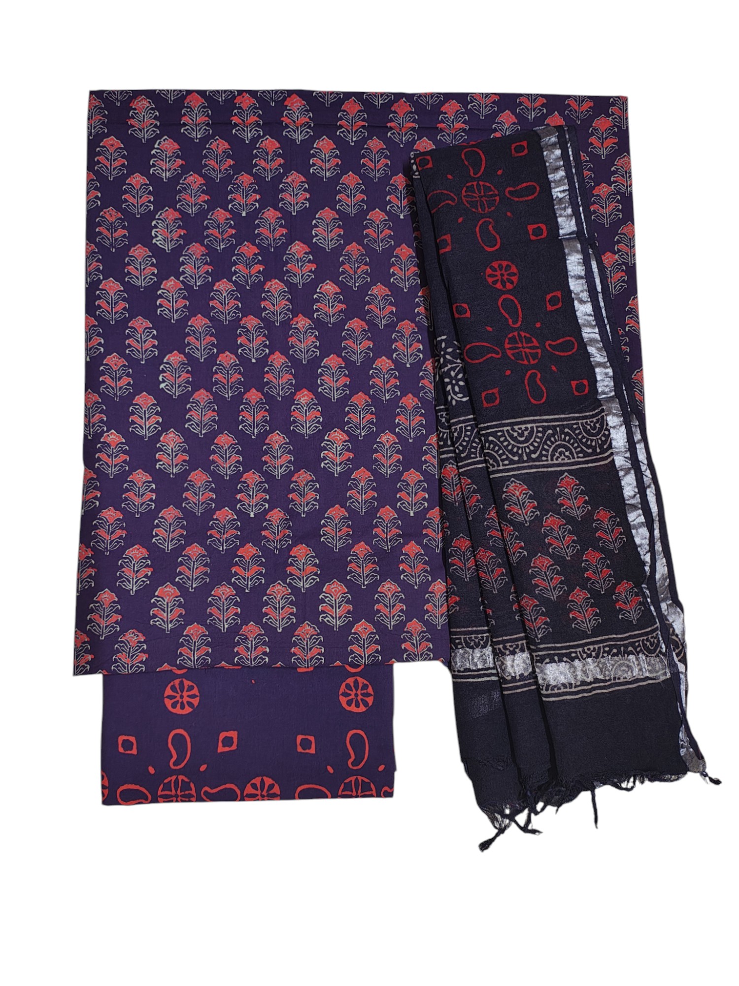 Purple Ajrakh Print Cotton Dress Materials with Linen Dupatta Purple Ajrakh Print Cotton Dress Materials with Linen Dupatta